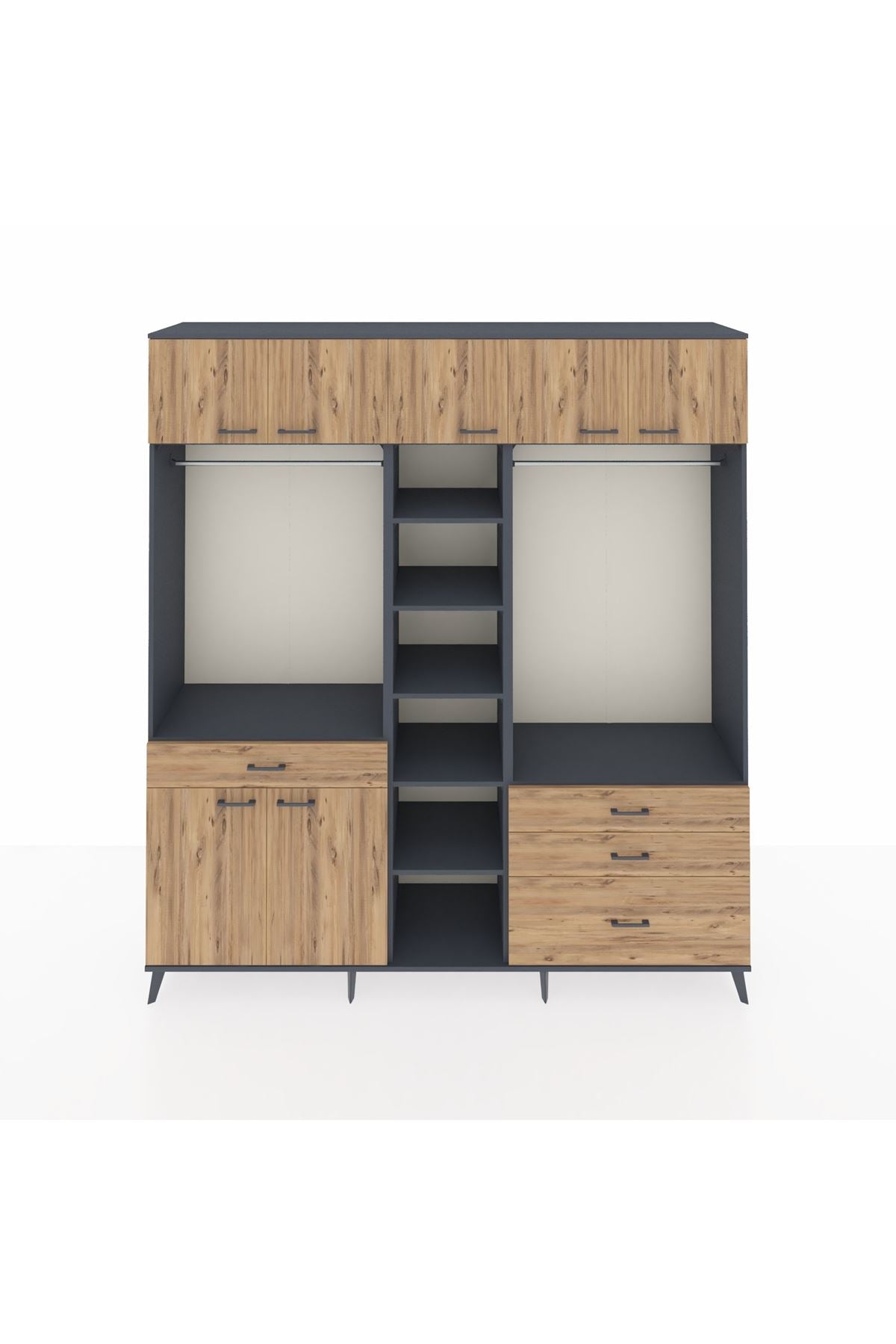 Hyperion Dolap 11 Raflı 4 Çekmeceli 2 Askılı 220x44x243 Antrasit-Çam/Çam