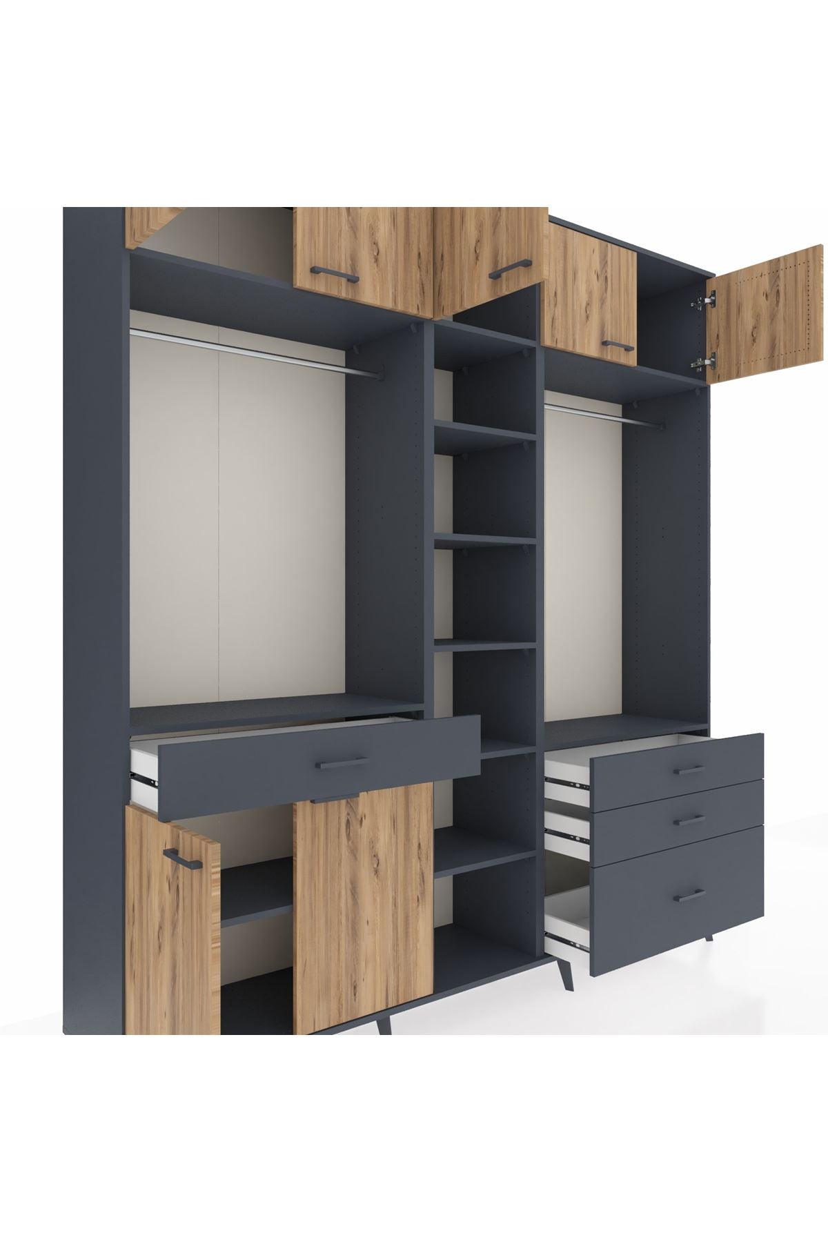 Hyperion Dolap 11 Raflı 4 Çekmeceli 2 Askılı 220x44x243 Antrasit-Çam/Antrasit