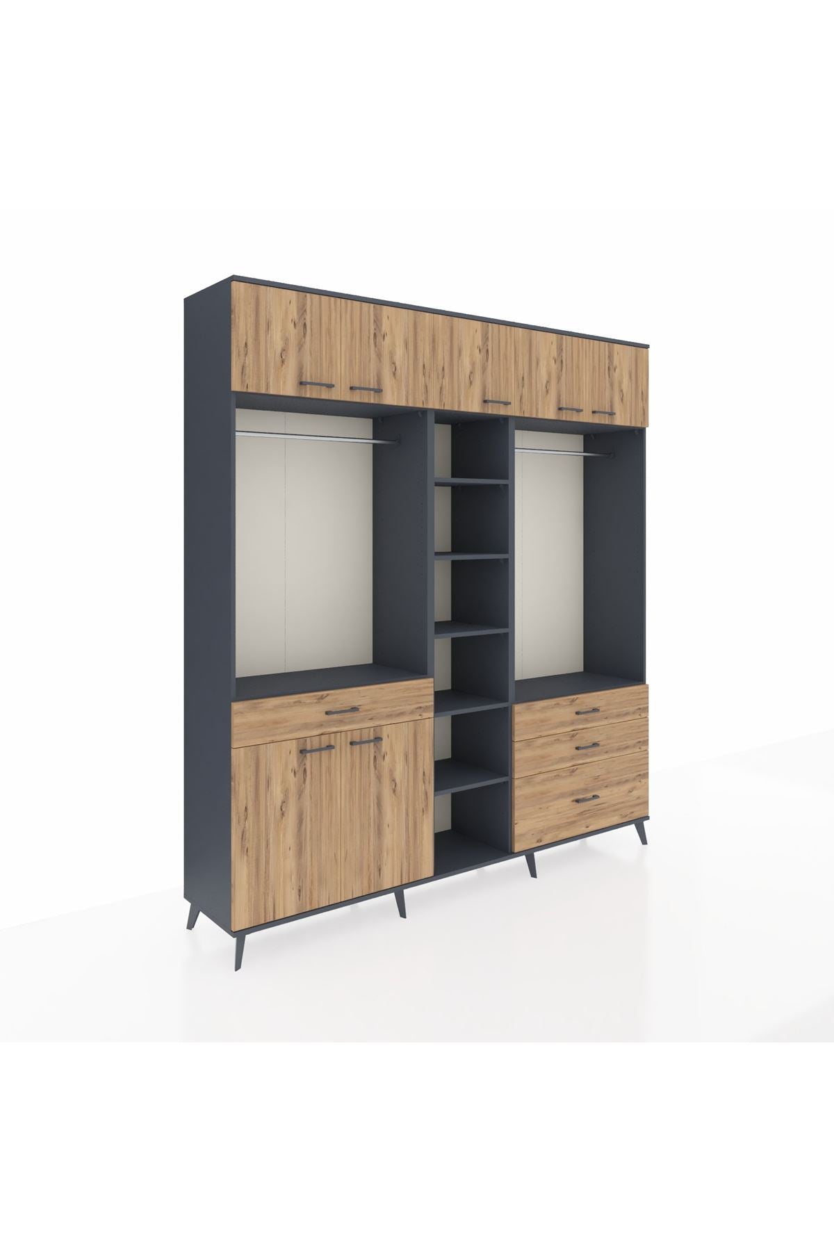 Hyperion Dolap 11 Raflı 4 Çekmeceli 2 Askılı 220x44x243 Antrasit-Çam/Çam