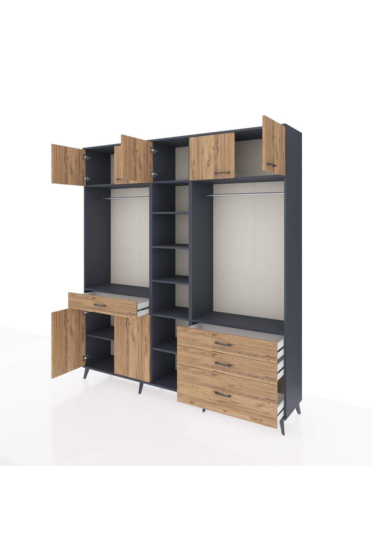 Hyperion Dolap 11 Raflı 4 Çekmeceli 2 Askılı 220x44x243 Antrasit-Çam/Çam