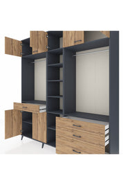 Hyperion Dolap 11 Raflı 4 Çekmeceli 2 Askılı 220x44x243 Antrasit-Çam/Çam