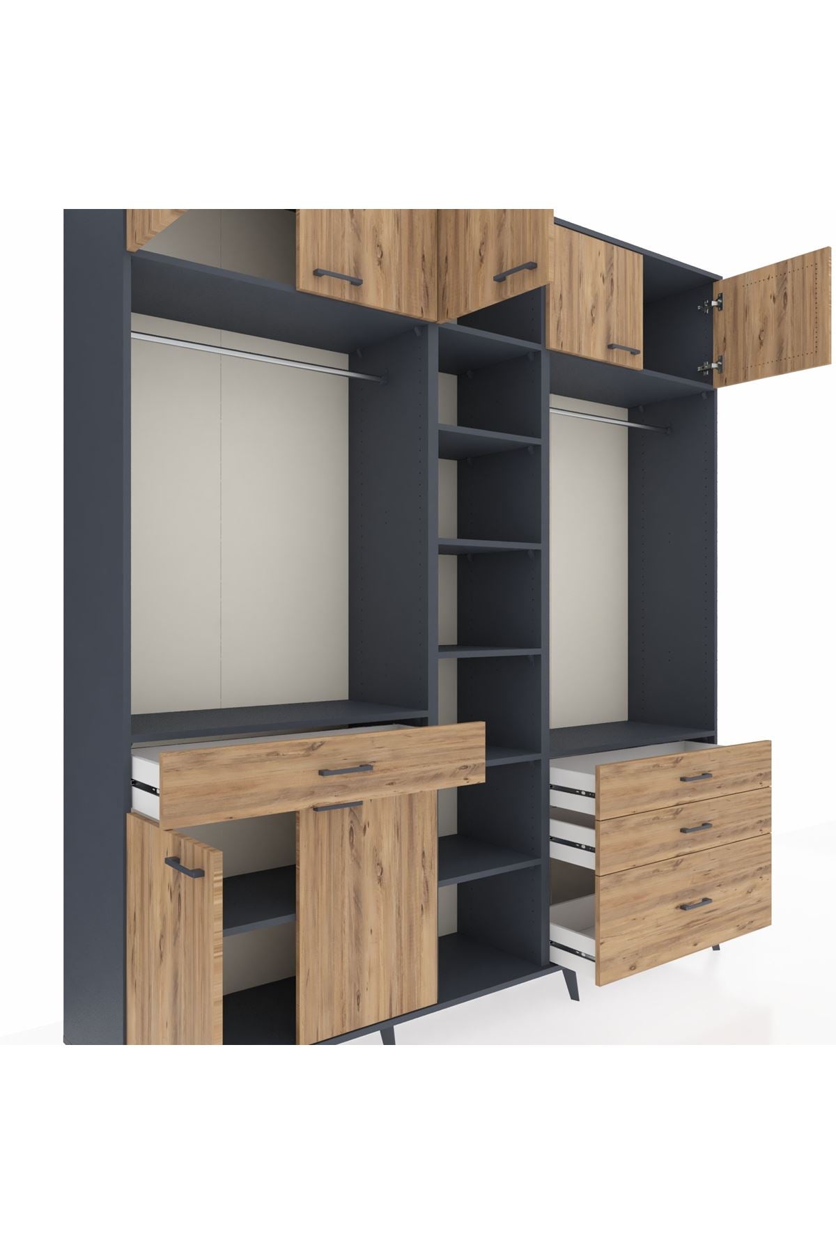 Hyperion Dolap 11 Raflı 4 Çekmeceli 2 Askılı 220x44x243 Antrasit-Çam/Çam