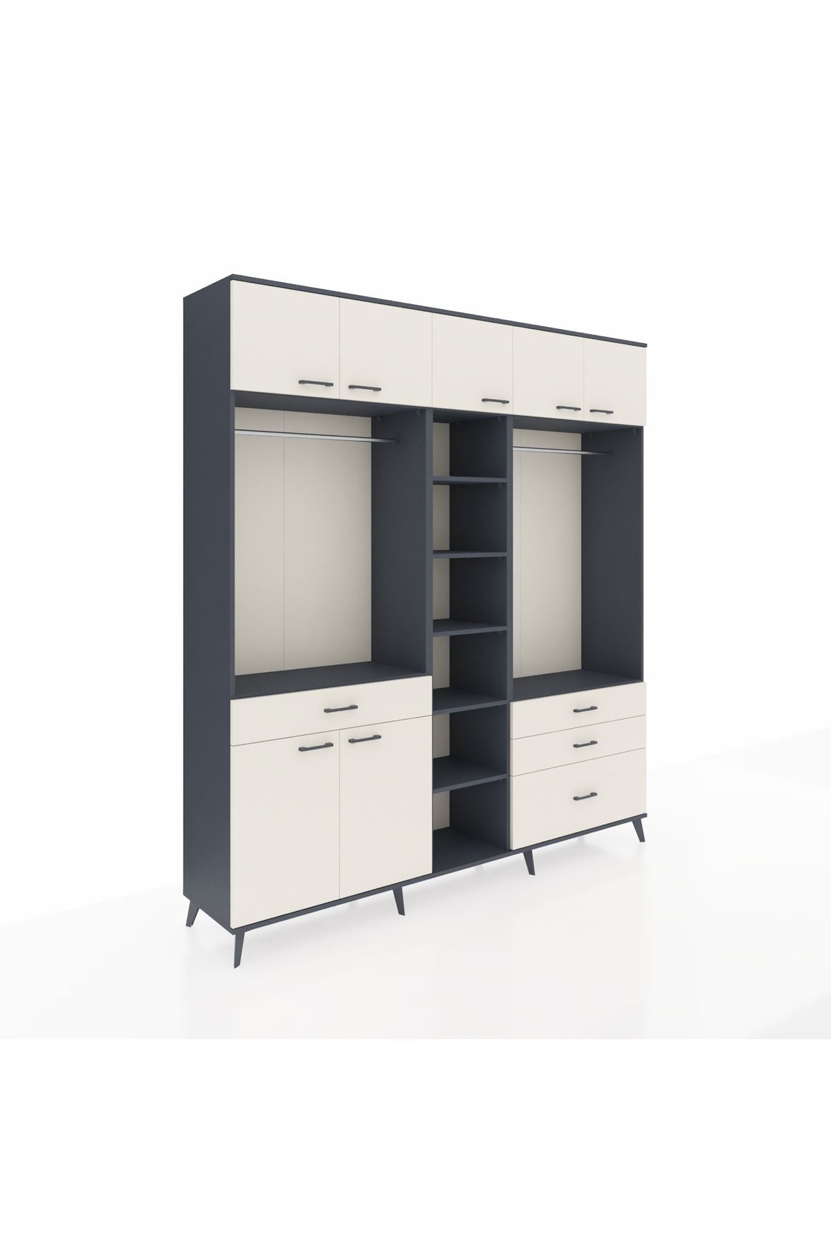 Hyperion Dolap 11 Raflı 4 Çekmeceli 2 Askılı 220x44x243 Antrasit-Aytaşı/Aytaşı