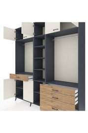 Hyperion Dolap 11 Raflı 4 Çekmeceli 2 Askılı 220x44x243 Antrasit-Aytaşı/Çam