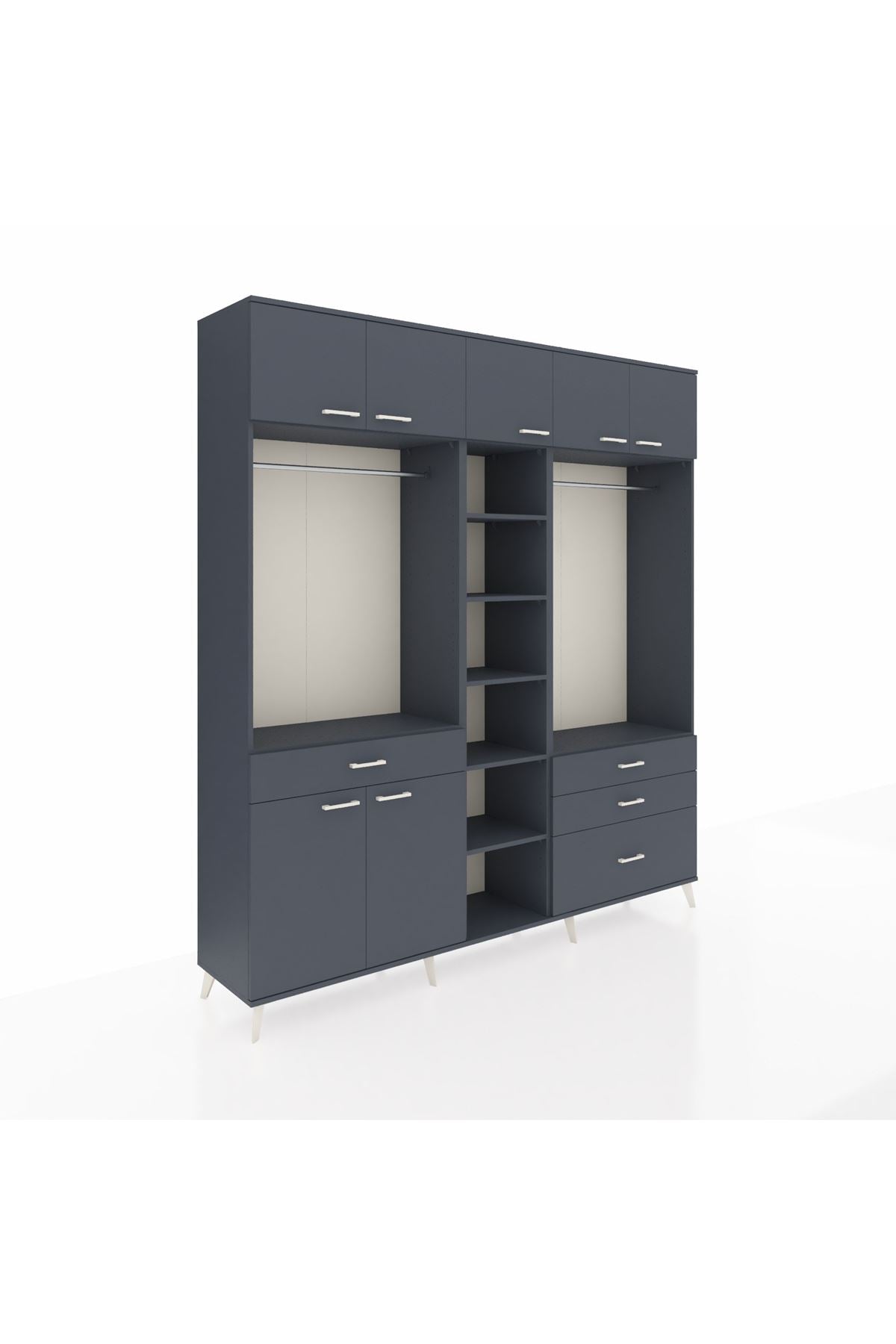 Hyperion Dolap 11 Raflı 4 Çekmeceli 2 Askılı 220x44x243 Antrasit-Antrasit/Antrasit