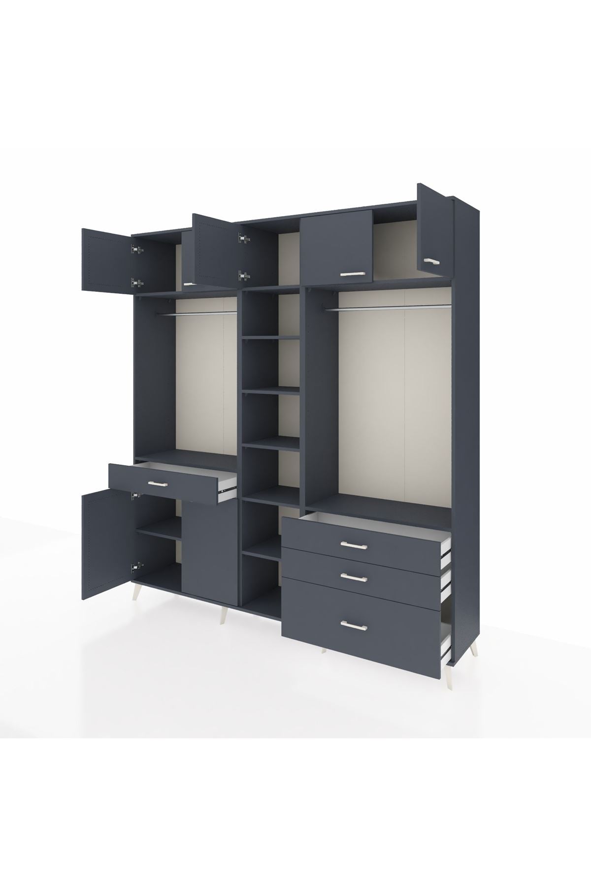 Hyperion Dolap 11 Raflı 4 Çekmeceli 2 Askılı 220x44x243 Antrasit-Antrasit/Antrasit