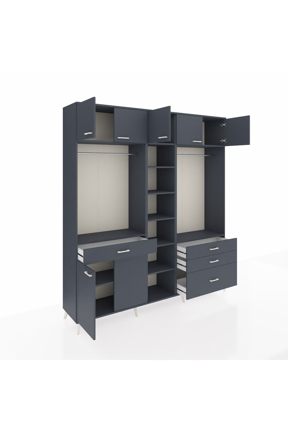 Hyperion Dolap 11 Raflı 4 Çekmeceli 2 Askılı 220x44x243 Antrasit-Antrasit/Antrasit