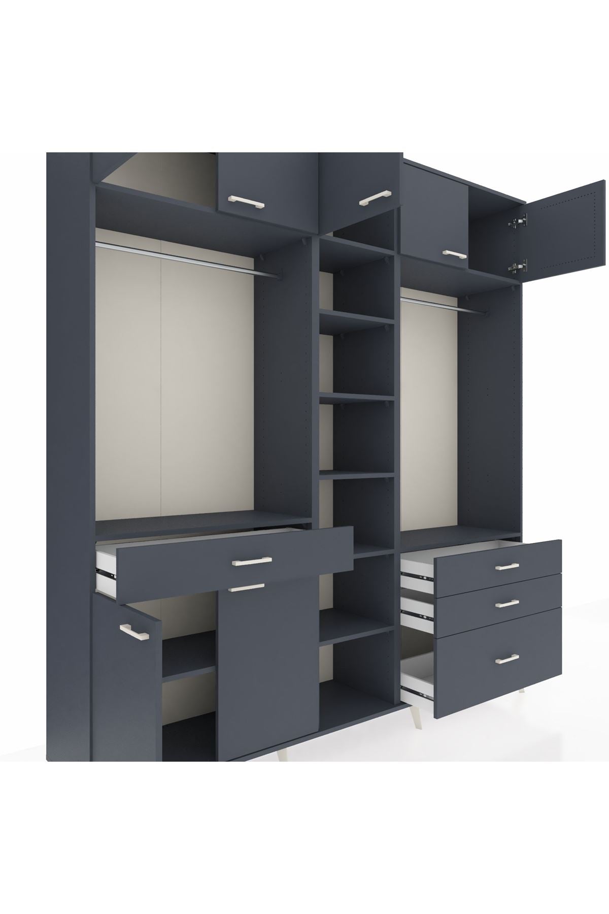 Hyperion Dolap 11 Raflı 4 Çekmeceli 2 Askılı 220x44x243 Antrasit-Antrasit/Antrasit