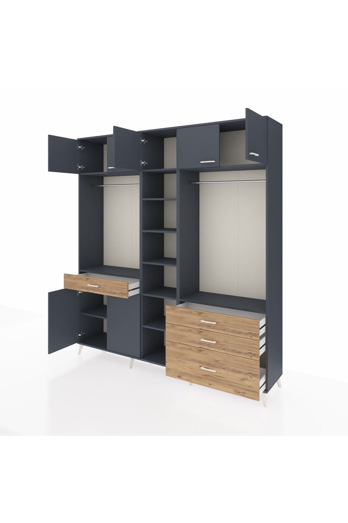 Hyperion Dolap 11 Raflı 4 Çekmeceli 2 Askılı 220x44x243 Antrasit-Antrasit/Çam