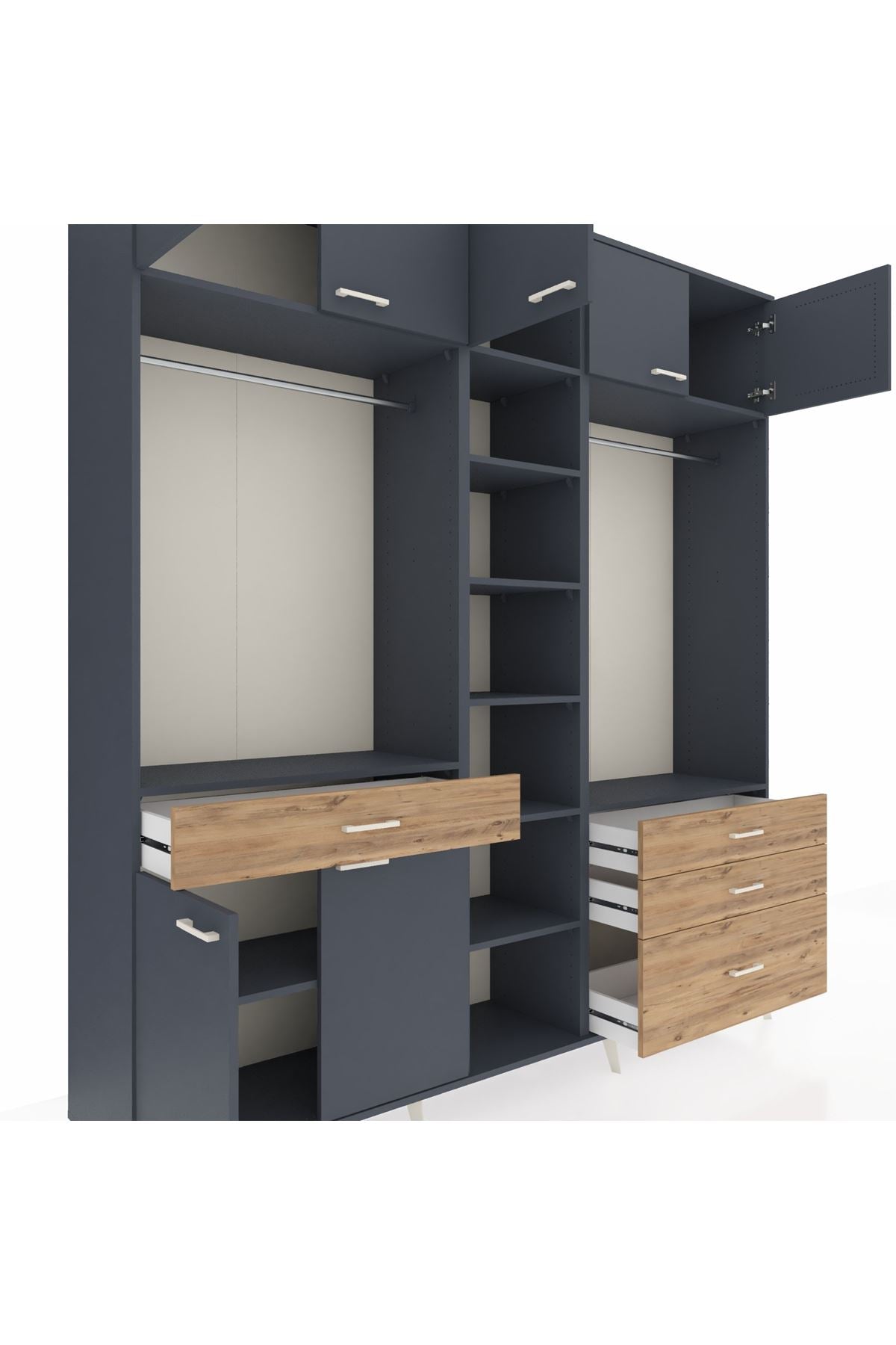 Hyperion Dolap 11 Raflı 4 Çekmeceli 2 Askılı 220x44x243 Antrasit-Antrasit/Çam