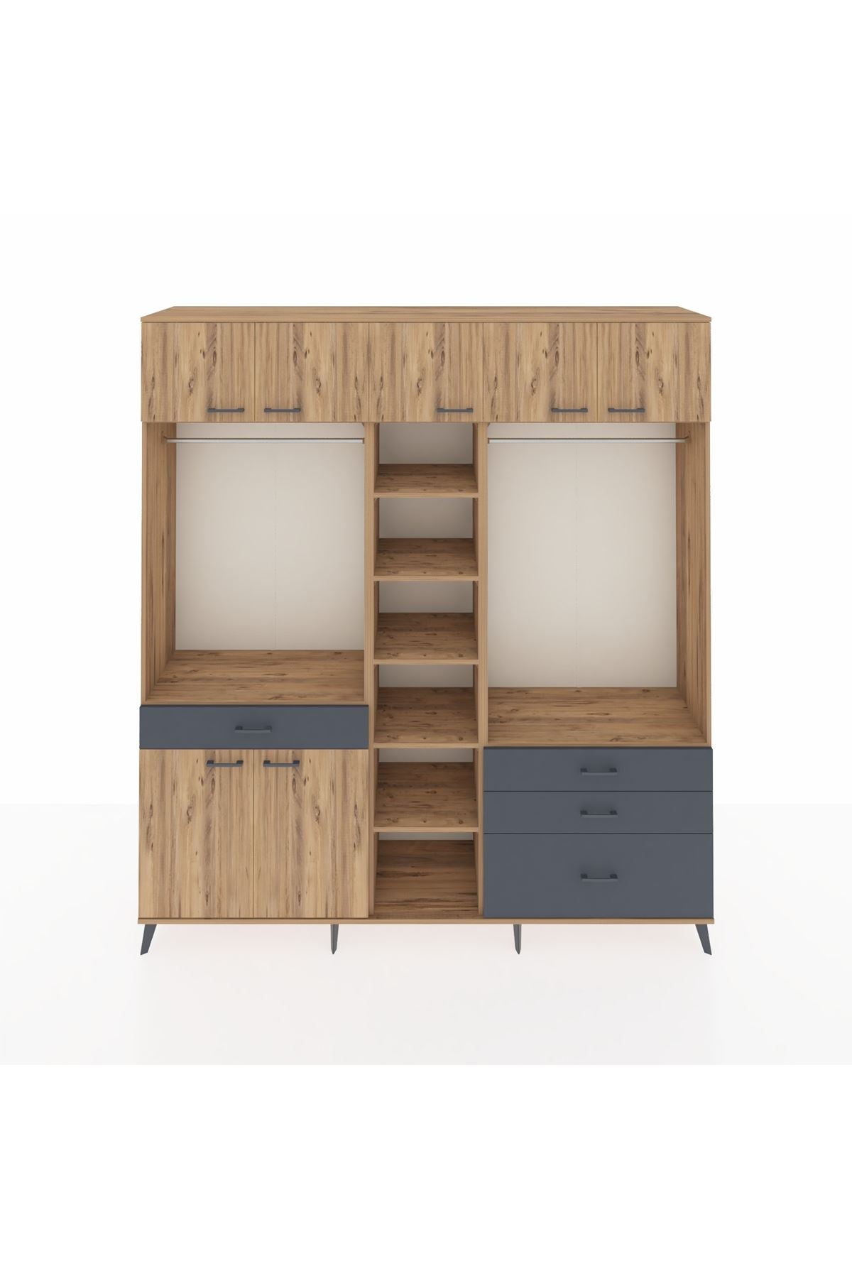 Hyperion Dolap 11 Raflı 4 Çekmeceli 2 Askılı 220x44x243 Çam-Çam/Antrasit