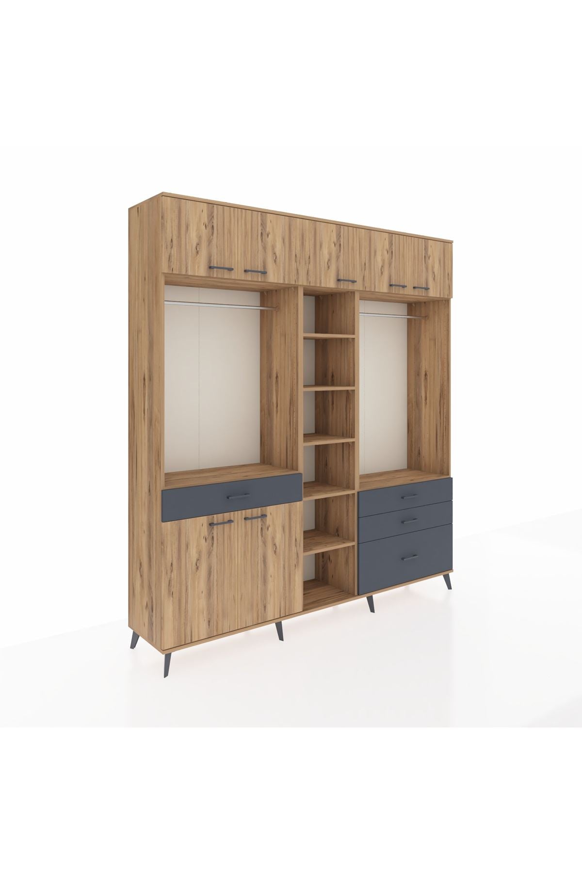 Hyperion Dolap 11 Raflı 4 Çekmeceli 2 Askılı 220x44x243 Çam-Çam/Antrasit