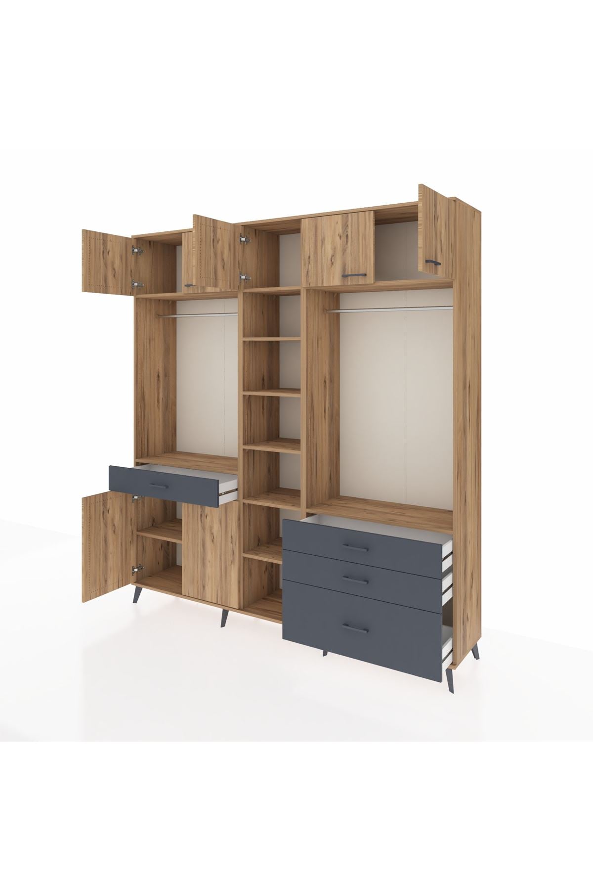 Hyperion Dolap 11 Raflı 4 Çekmeceli 2 Askılı 220x44x243 Çam-Çam/Antrasit