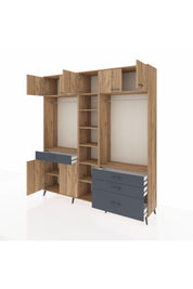 Hyperion Dolap 11 Raflı 4 Çekmeceli 2 Askılı 220x44x243 Çam-Çam/Antrasit