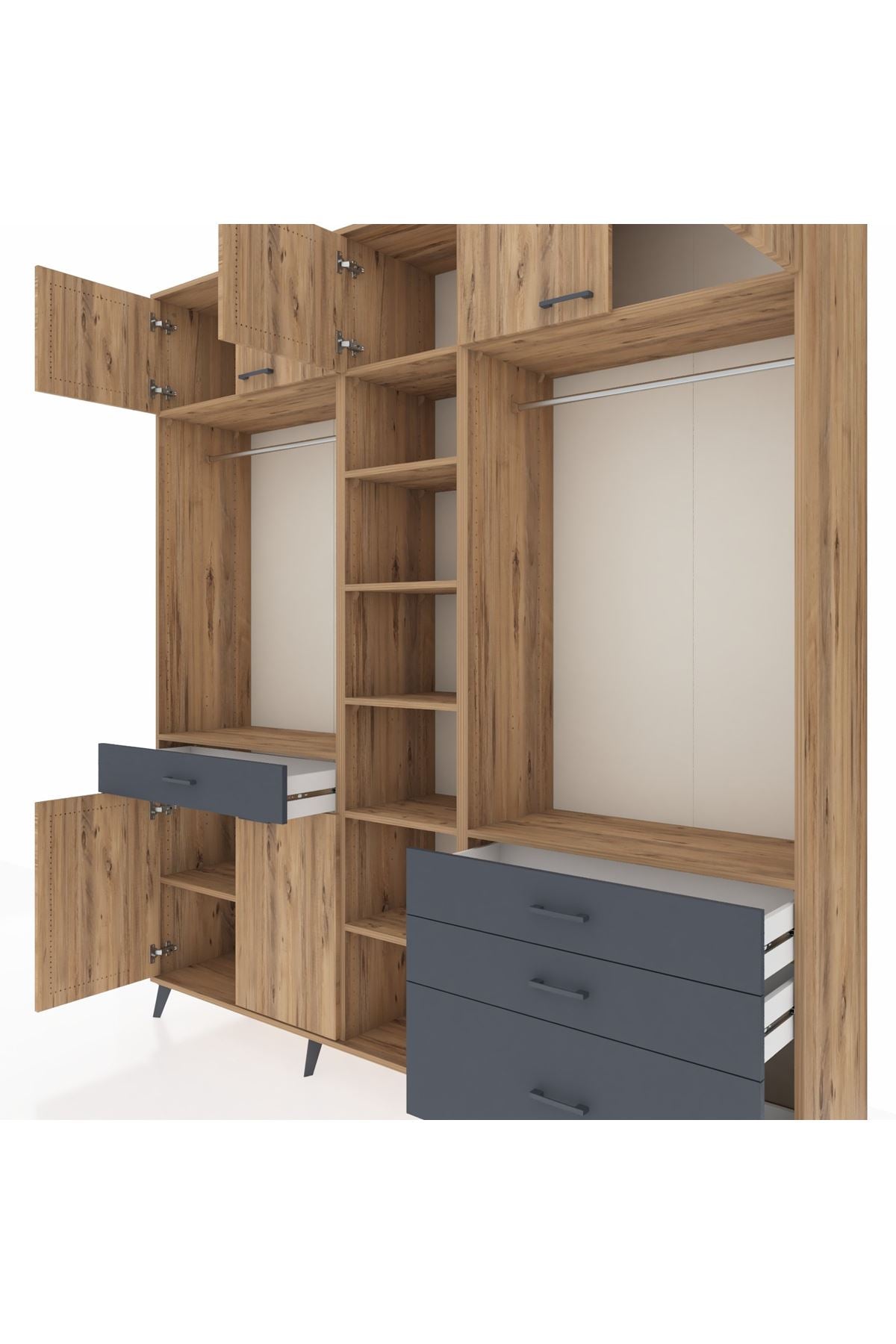 Hyperion Dolap 11 Raflı 4 Çekmeceli 2 Askılı 220x44x243 Çam-Çam/Antrasit