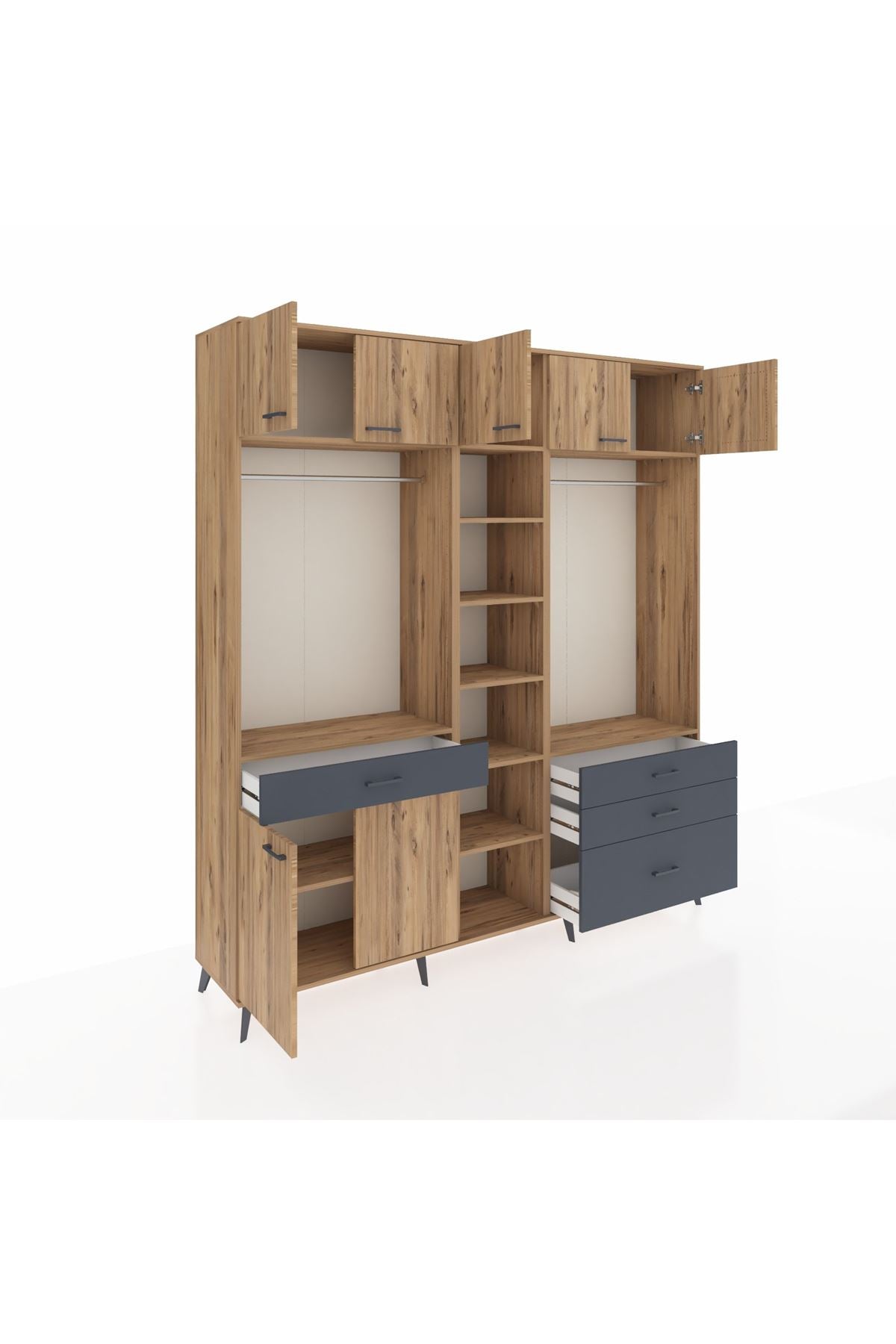 Hyperion Dolap 11 Raflı 4 Çekmeceli 2 Askılı 220x44x243 Çam-Çam/Antrasit