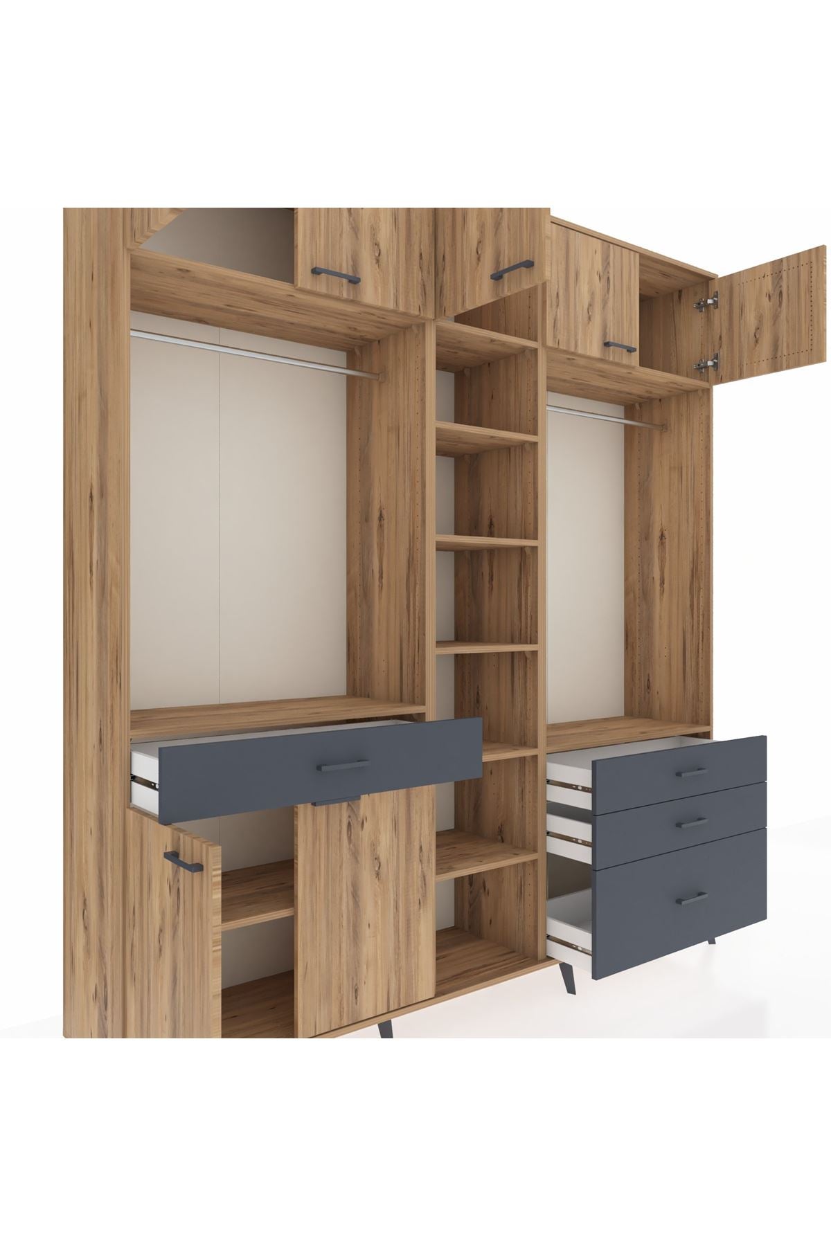 Hyperion Dolap 11 Raflı 4 Çekmeceli 2 Askılı 220x44x243 Çam-Çam/Antrasit