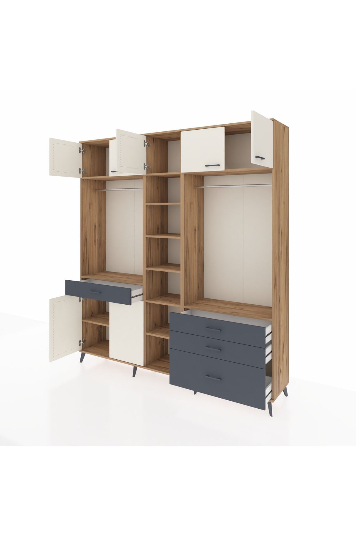 Hyperion Dolap 11 Raflı 4 Çekmeceli 2 Askılı 220x44x243 Çam-Aytaşı/Antrasit