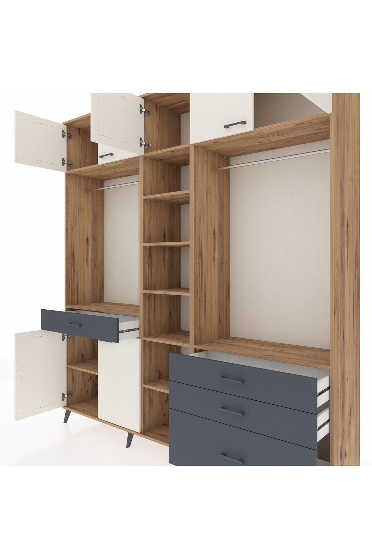 Hyperion Dolap 11 Raflı 4 Çekmeceli 2 Askılı 220x44x243 Çam-Aytaşı/Antrasit