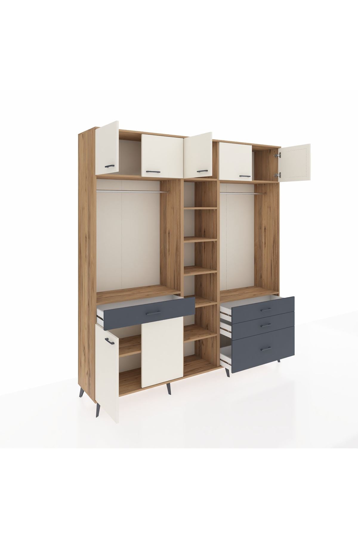 Hyperion Dolap 11 Raflı 4 Çekmeceli 2 Askılı 220x44x243 Çam-Aytaşı/Antrasit