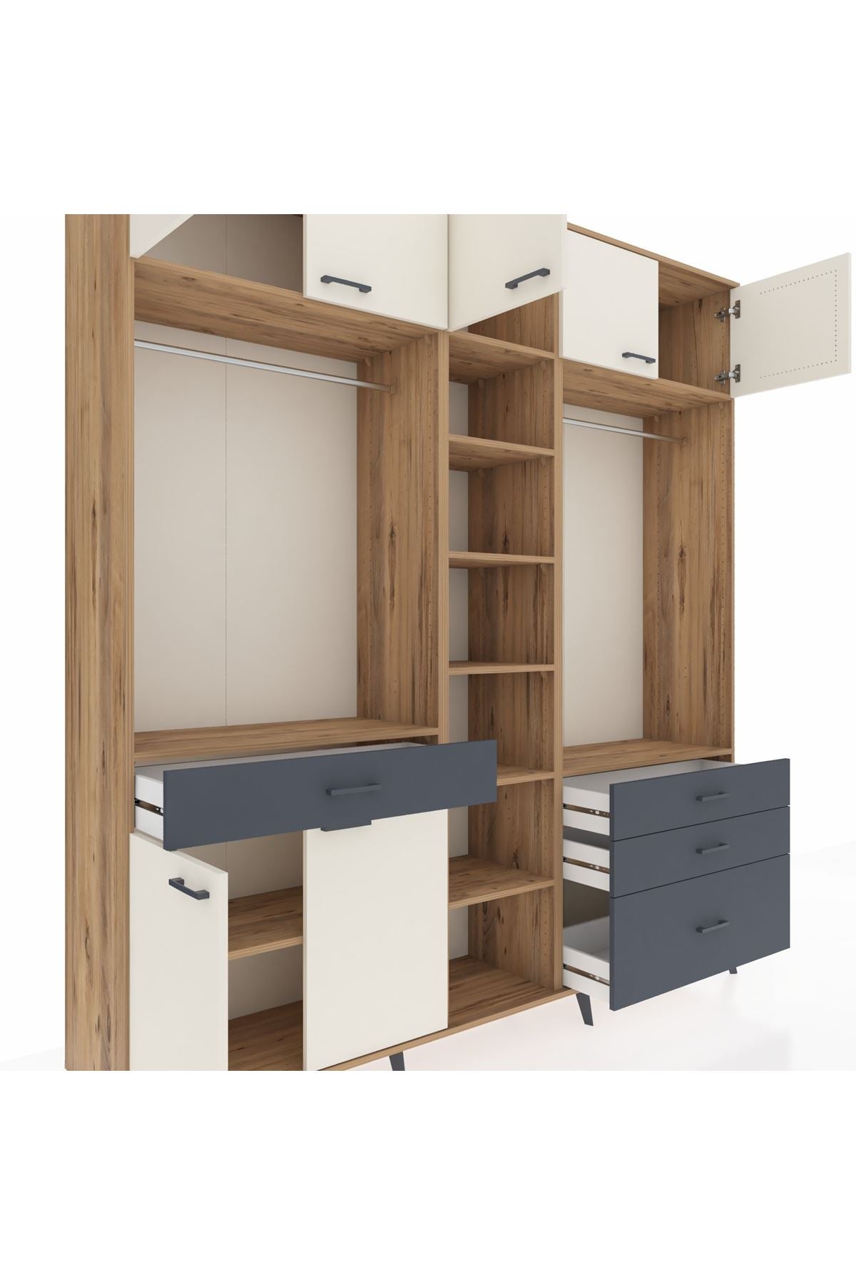 Hyperion Dolap 11 Raflı 4 Çekmeceli 2 Askılı 220x44x243 Çam-Aytaşı/Antrasit