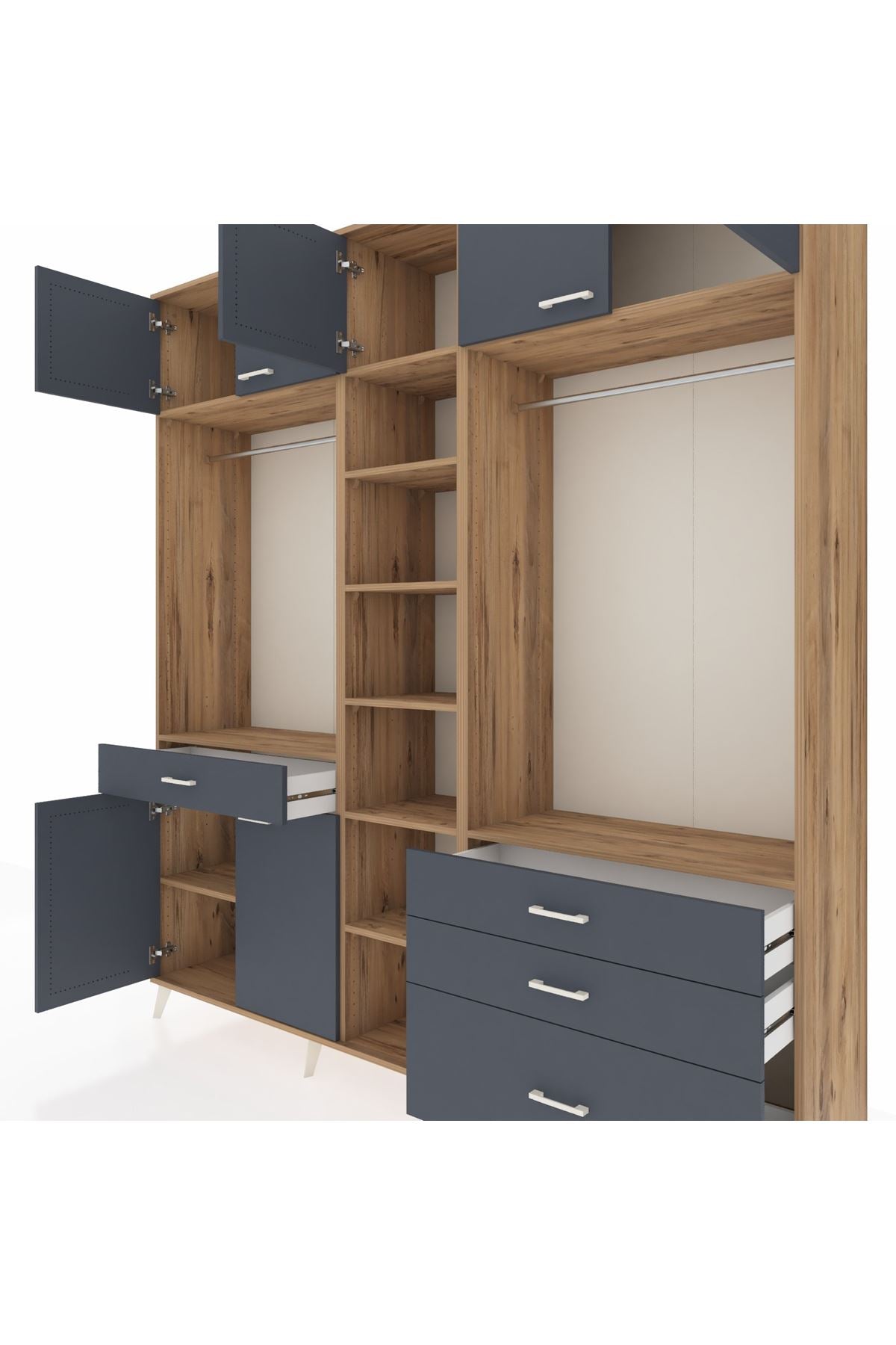 Hyperion Dolap 11 Raflı 4 Çekmeceli 2 Askılı 220x44x243 Çam-Antrasit/Antrasit