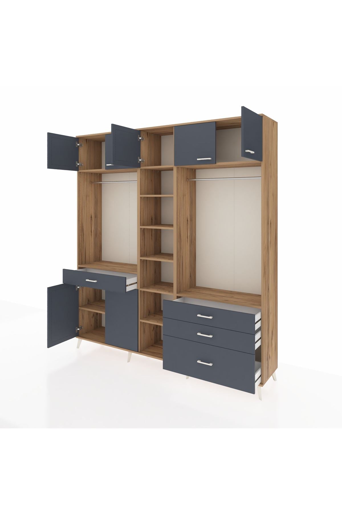 Hyperion Dolap 11 Raflı 4 Çekmeceli 2 Askılı 220x44x243 Çam-Antrasit/Antrasit