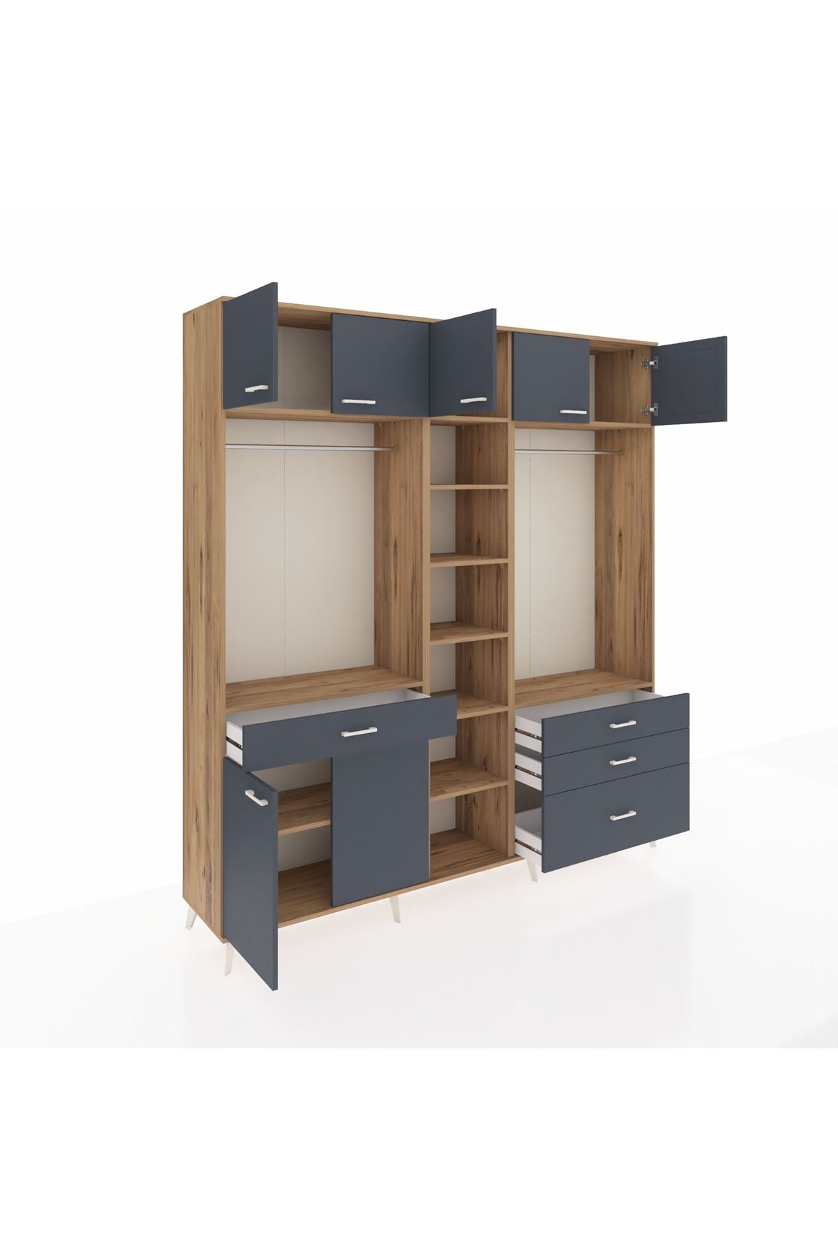 Hyperion Dolap 11 Raflı 4 Çekmeceli 2 Askılı 220x44x243 Çam-Antrasit/Antrasit