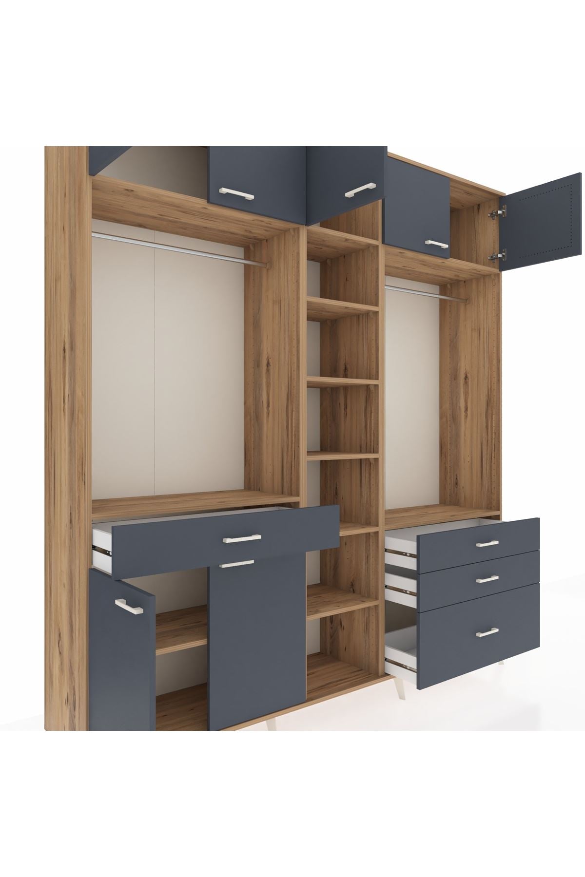 Hyperion Dolap 11 Raflı 4 Çekmeceli 2 Askılı 220x44x243 Çam-Antrasit/Antrasit