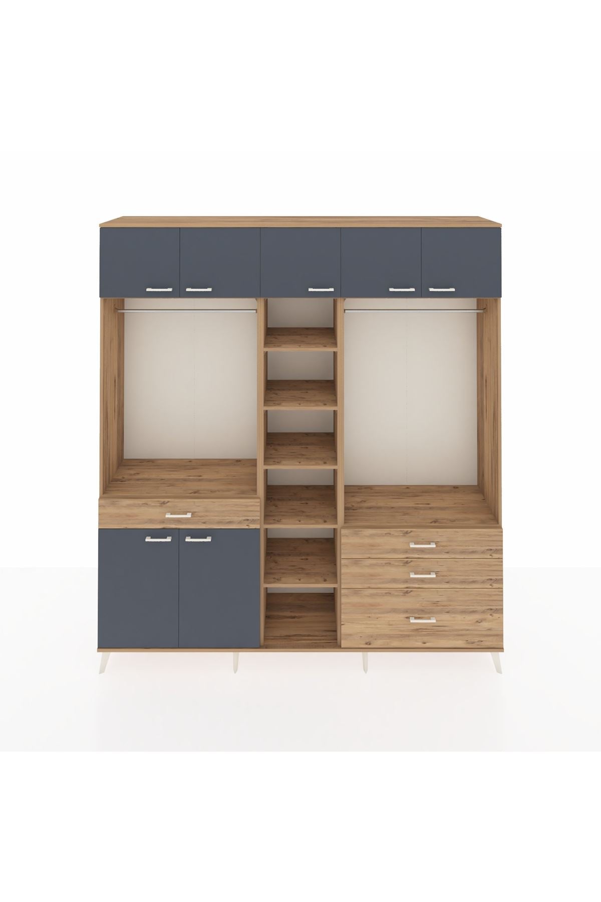 Hyperion Dolap 11 Raflı 4 Çekmeceli 2 Askılı 220x44x243 Çam-Antrasit/Çam