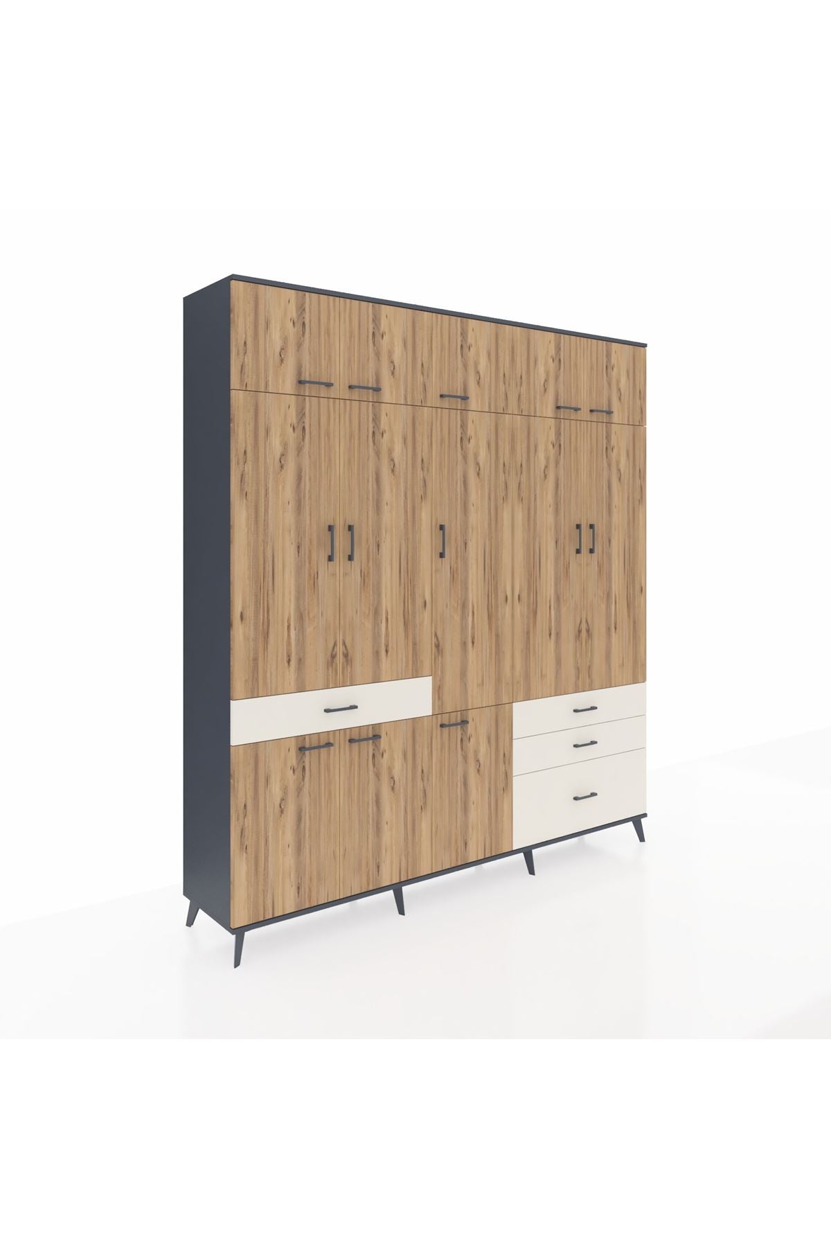 Hyperion Dolap 8 Raflı 4 Çekmeceli 3 Askılı 220x44x243 Antrasit-Çam/Aytaşı