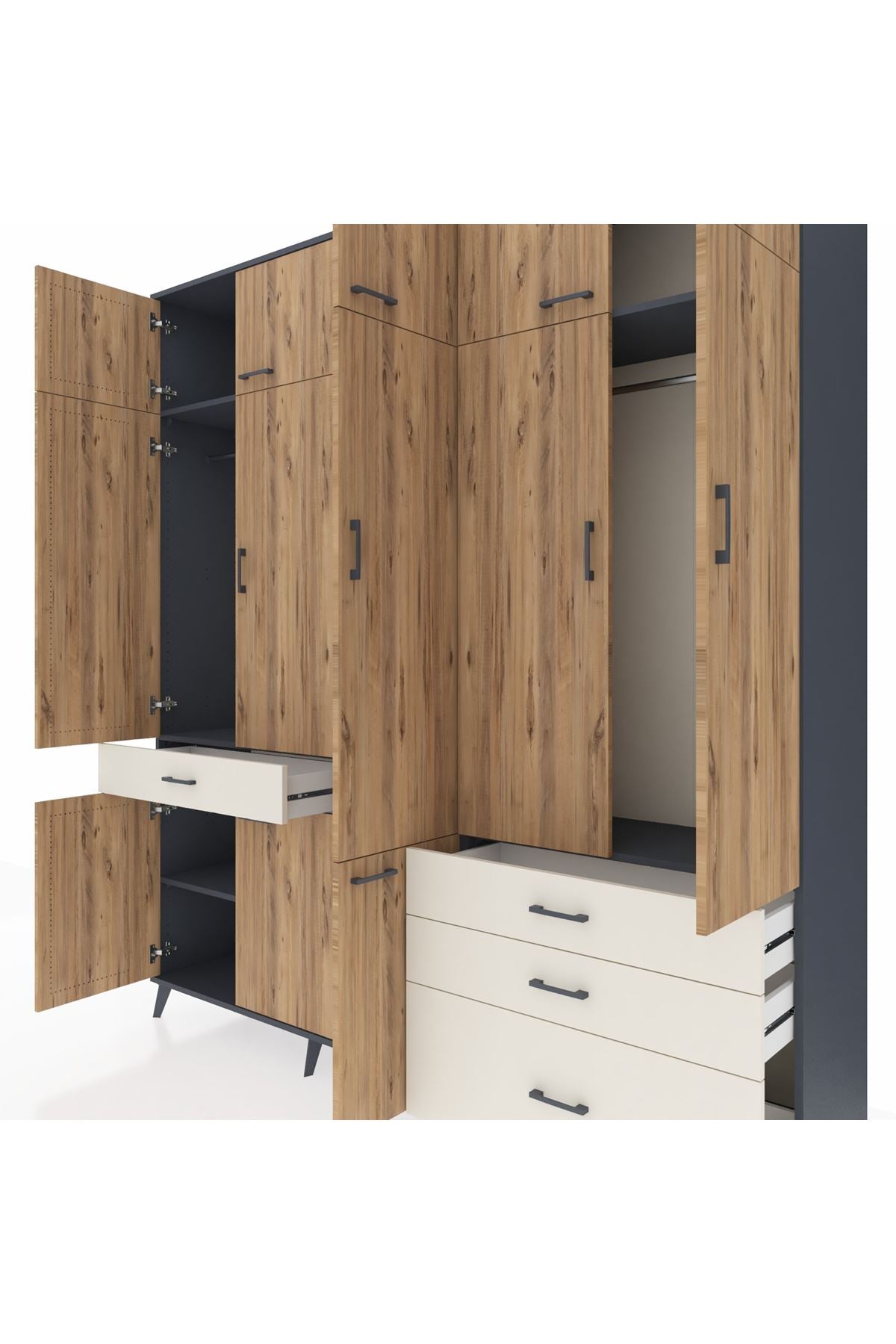Hyperion Dolap 8 Raflı 4 Çekmeceli 3 Askılı 220x44x243 Antrasit-Çam/Aytaşı