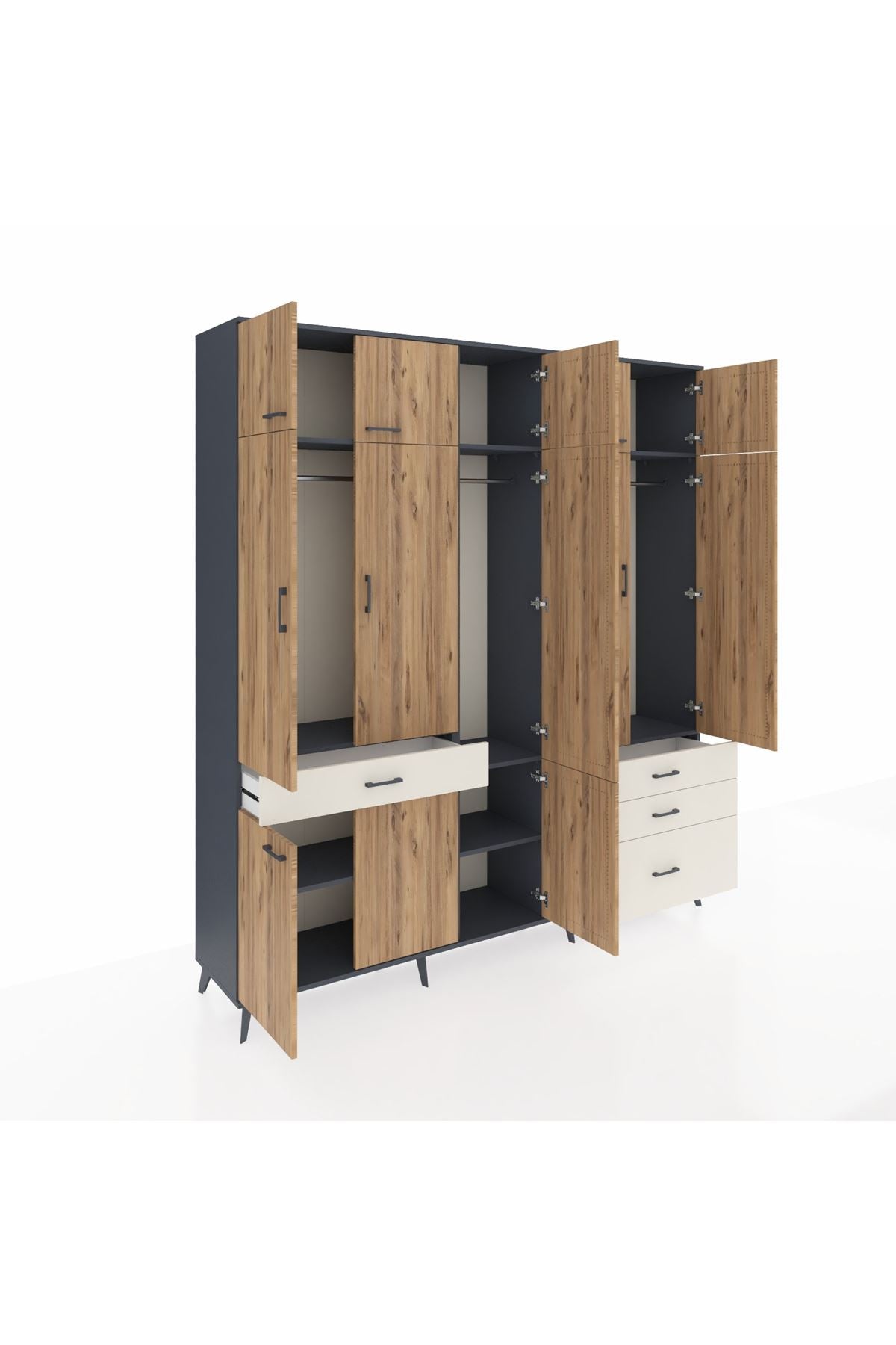 Hyperion Dolap 8 Raflı 4 Çekmeceli 3 Askılı 220x44x243 Antrasit-Çam/Aytaşı