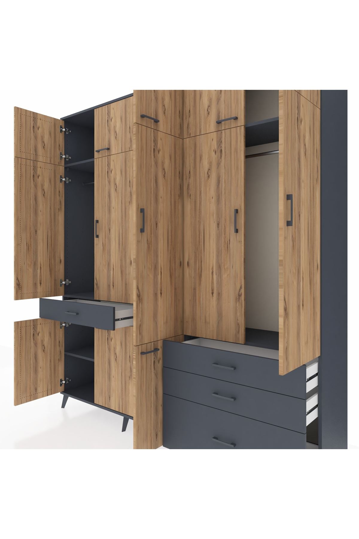 Hyperion Dolap 8 Raflı 4 Çekmeceli 3 Askılı 220x44x243 Antrasit-Çam/Antrasit