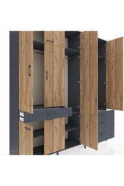Hyperion Dolap 8 Raflı 4 Çekmeceli 3 Askılı 220x44x243 Antrasit-Çam/Antrasit