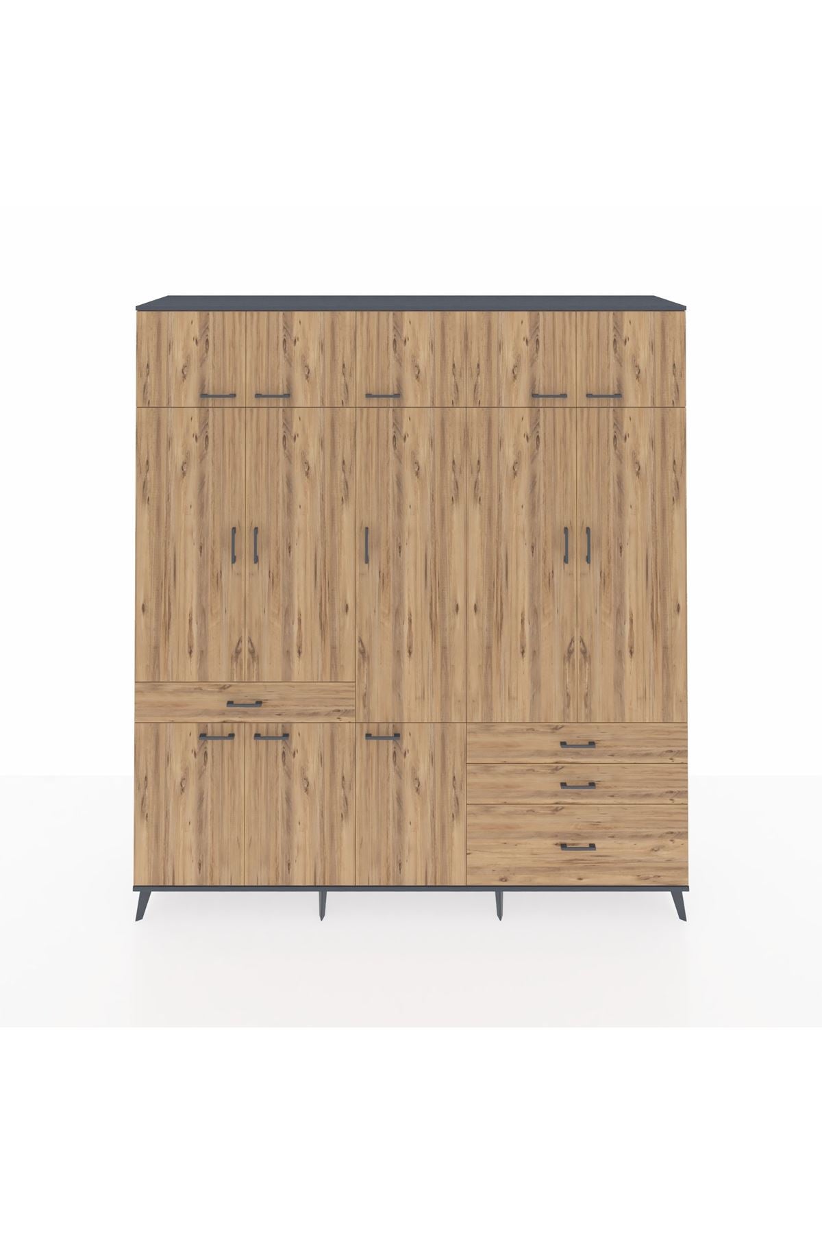 Hyperion Dolap 8 Raflı 4 Çekmeceli 3 Askılı 220x44x243 Antrasit-Çam/Çam