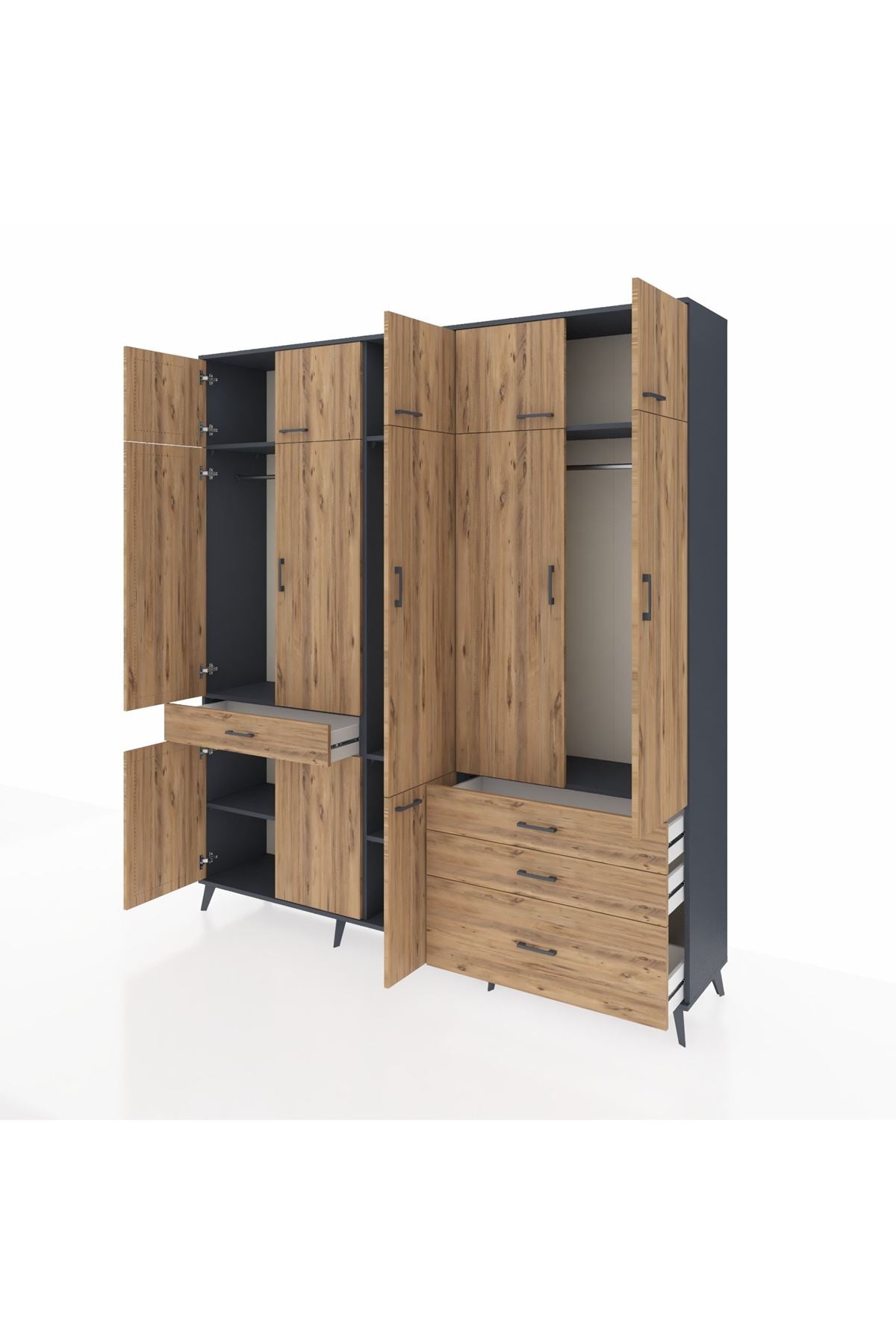 Hyperion Dolap 8 Raflı 4 Çekmeceli 3 Askılı 220x44x243 Antrasit-Çam/Çam