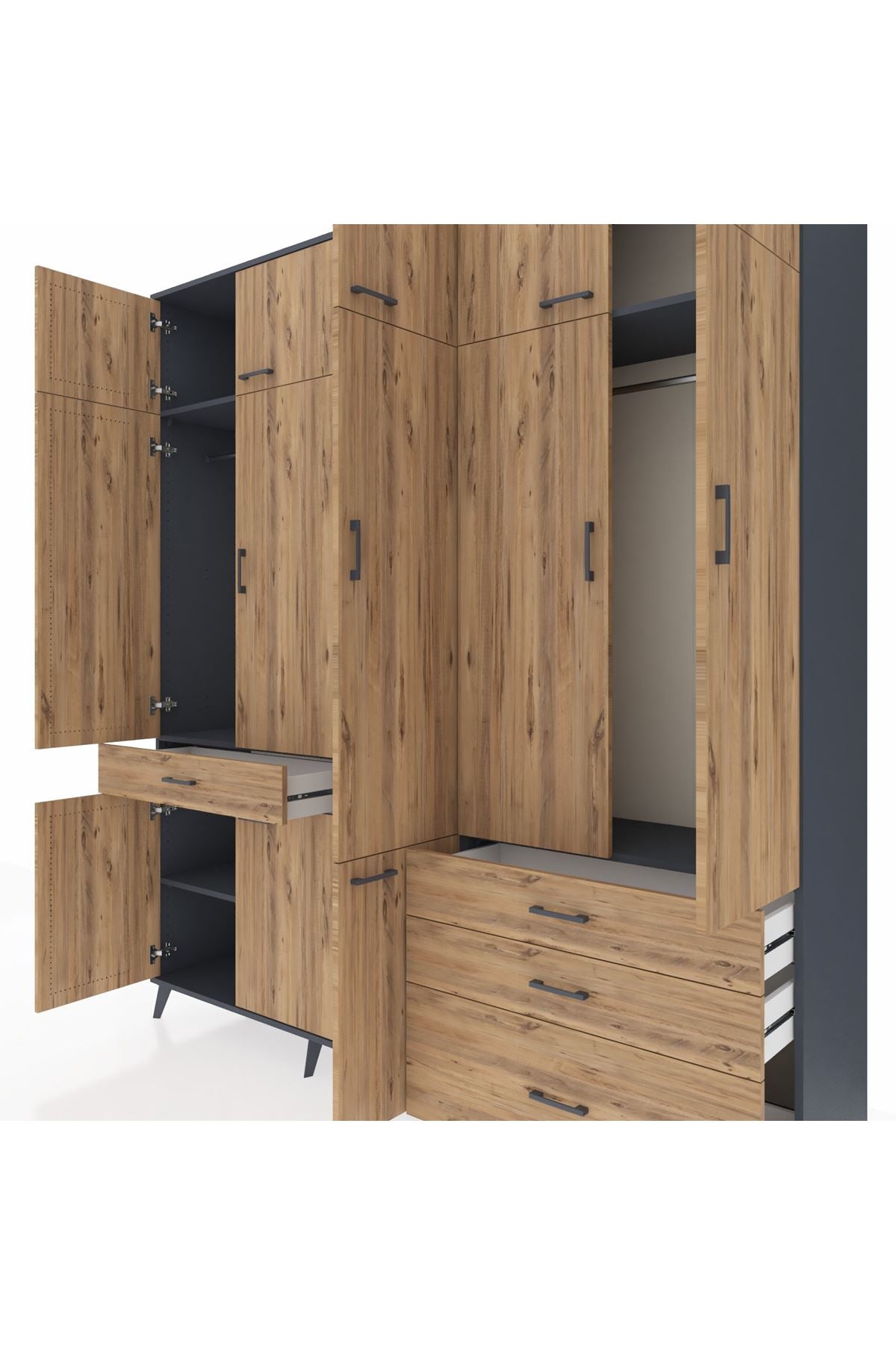 Hyperion Dolap 8 Raflı 4 Çekmeceli 3 Askılı 220x44x243 Antrasit-Çam/Çam