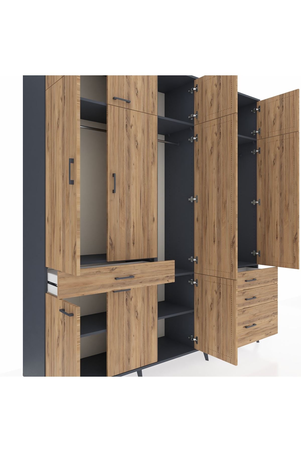 Hyperion Dolap 8 Raflı 4 Çekmeceli 3 Askılı 220x44x243 Antrasit-Çam/Çam