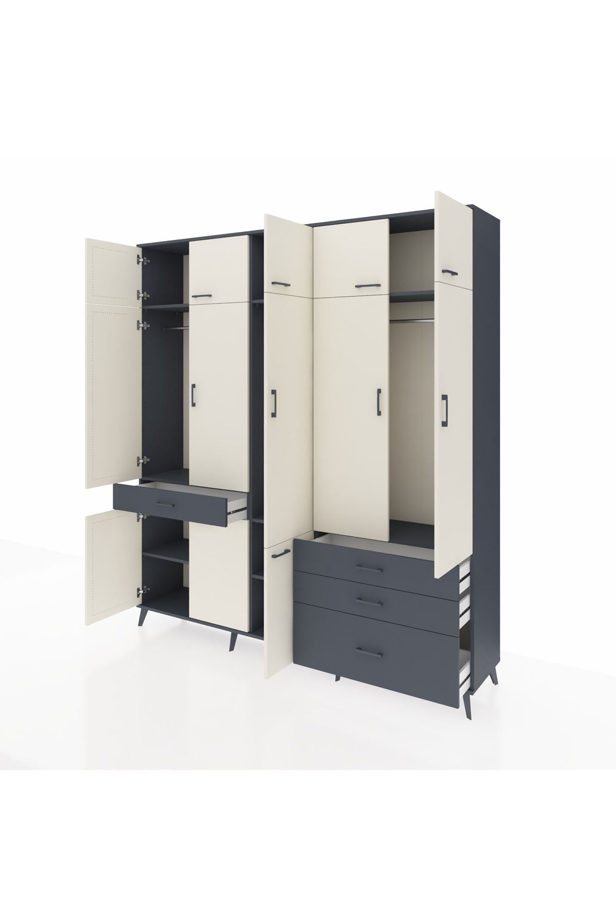 Hyperion Dolap 8 Raflı 4 Çekmeceli 3 Askılı 220x44x243 Antrasit-Aytaşı/Antrasit