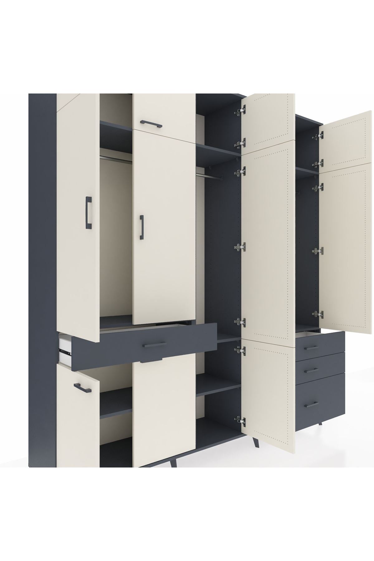 Hyperion Dolap 8 Raflı 4 Çekmeceli 3 Askılı 220x44x243 Antrasit-Aytaşı/Antrasit