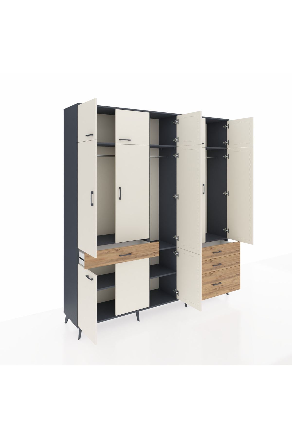 Hyperion Dolap 8 Raflı 4 Çekmeceli 3 Askılı 220x44x243 Antrasit-Aytaşı/Çam