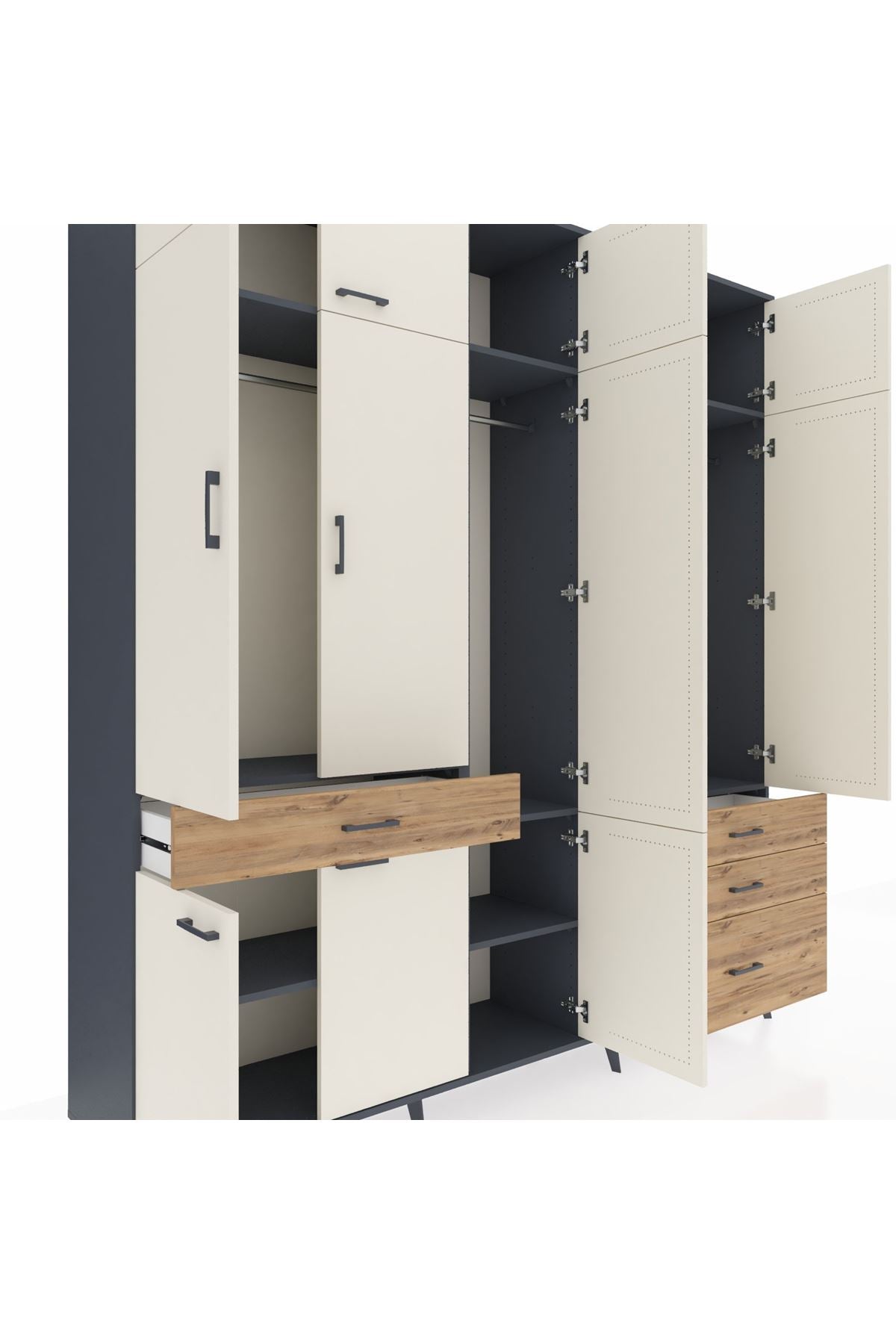 Hyperion Dolap 8 Raflı 4 Çekmeceli 3 Askılı 220x44x243 Antrasit-Aytaşı/Çam