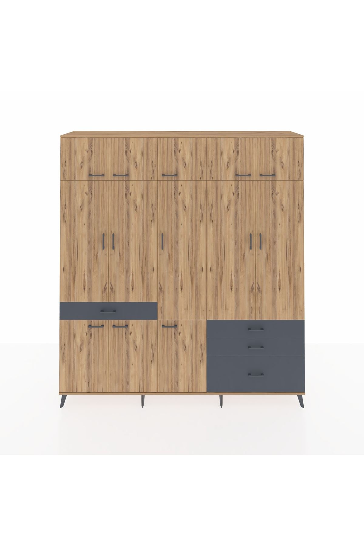 Hyperion Dolap 8 Raflı 4 Çekmeceli 3 Askılı 220x44x243 Çam-Çam/Antrasit