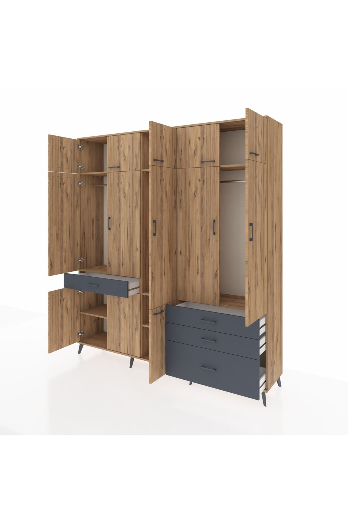 Hyperion Dolap 8 Raflı 4 Çekmeceli 3 Askılı 220x44x243 Çam-Çam/Antrasit