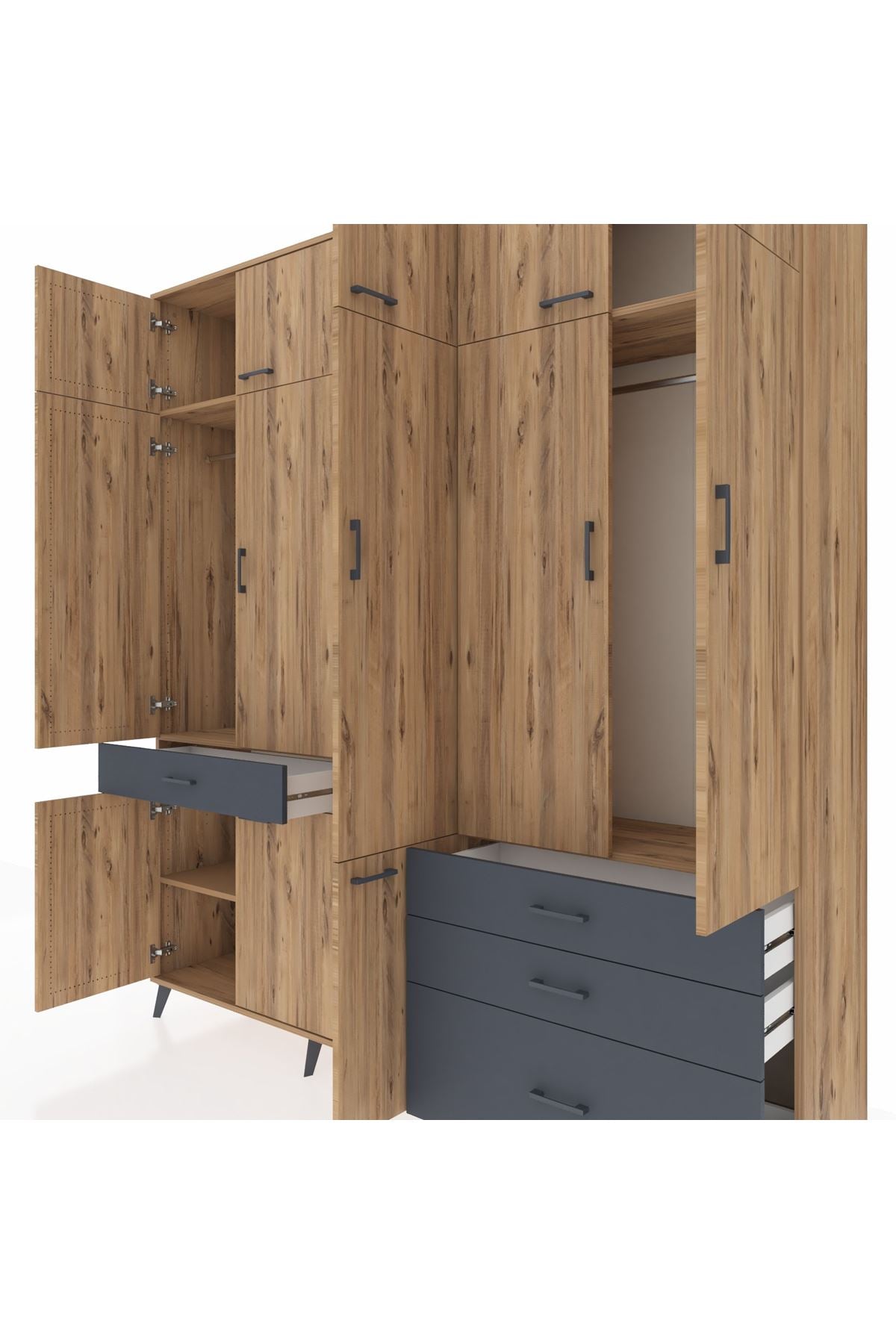 Hyperion Dolap 8 Raflı 4 Çekmeceli 3 Askılı 220x44x243 Çam-Çam/Antrasit