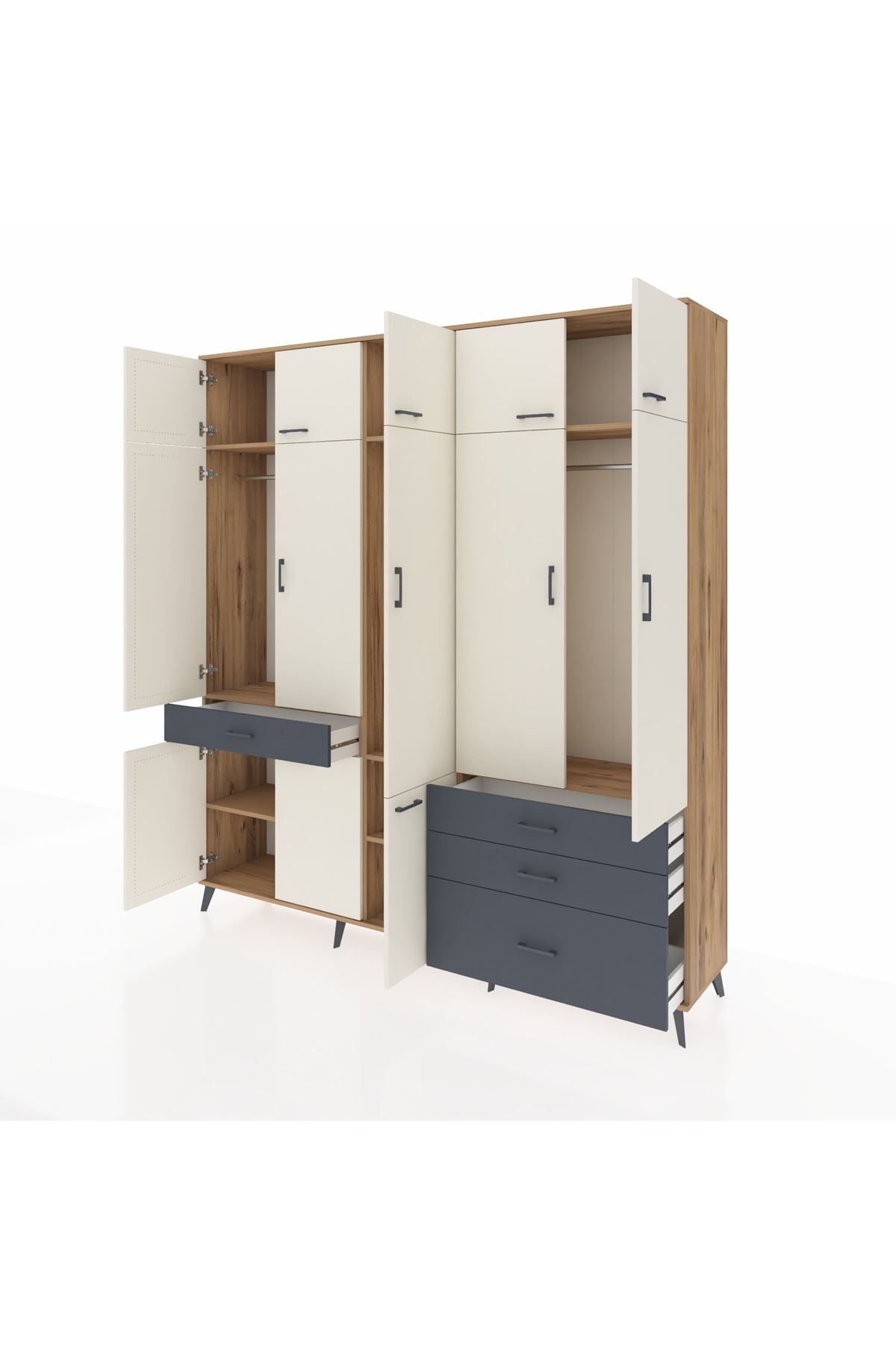 Hyperion Dolap 8 Raflı 4 Çekmeceli 3 Askılı 220x44x243 Çam-Aytaşı/Antrasit