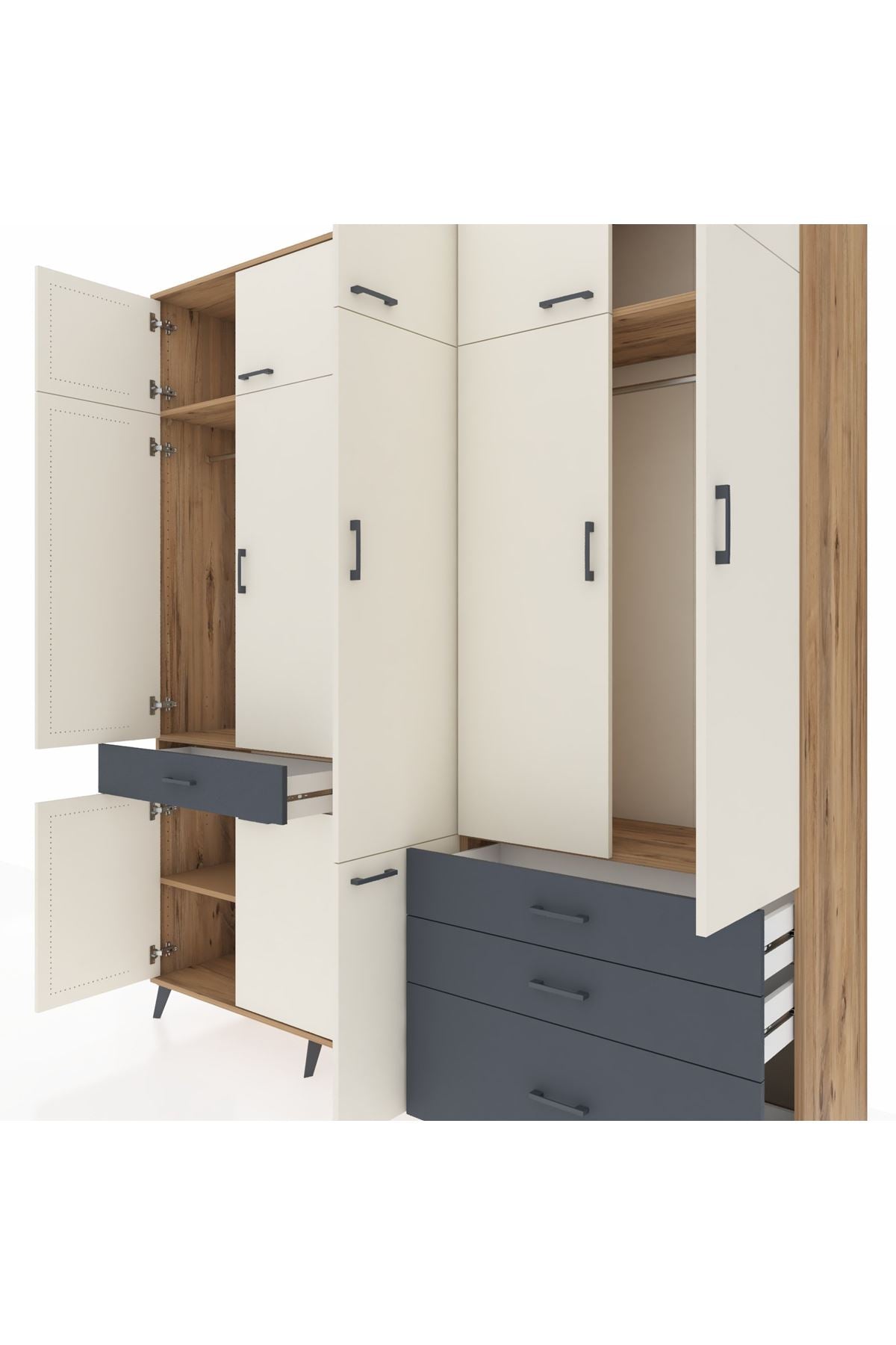 Hyperion Dolap 8 Raflı 4 Çekmeceli 3 Askılı 220x44x243 Çam-Aytaşı/Antrasit