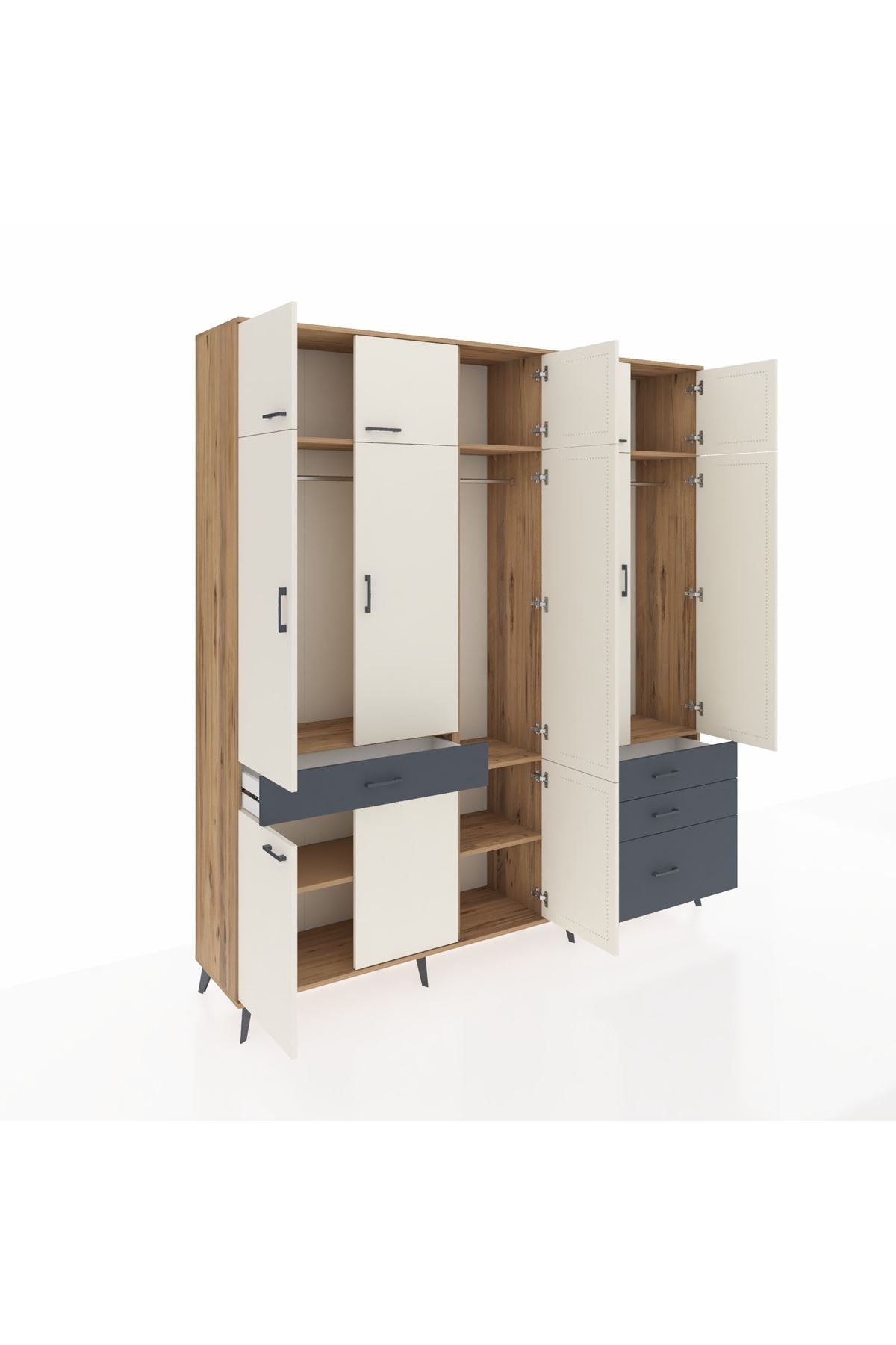 Hyperion Dolap 8 Raflı 4 Çekmeceli 3 Askılı 220x44x243 Çam-Aytaşı/Antrasit