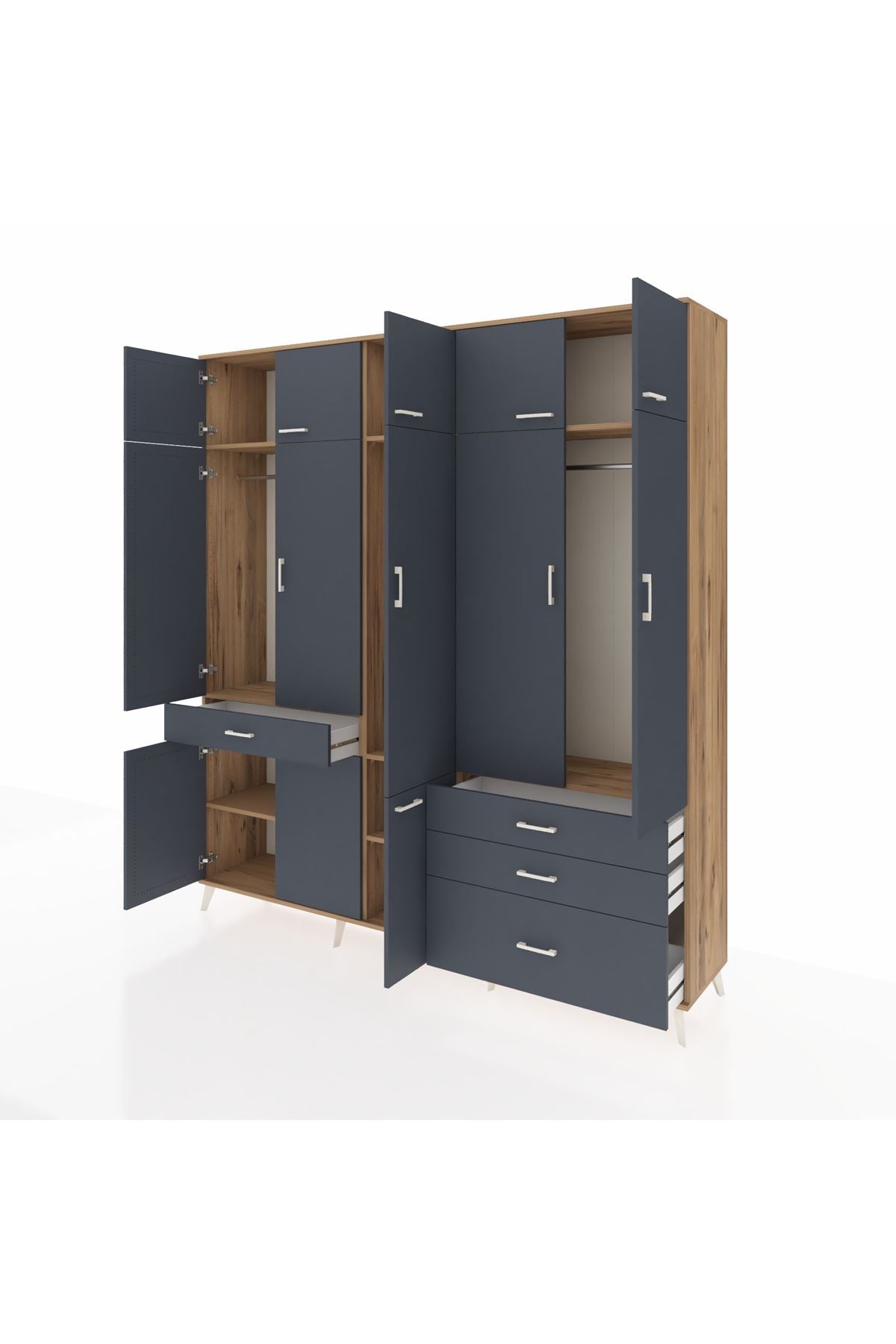 Hyperion Dolap 8 Raflı 4 Çekmeceli 3 Askılı 220x44x243 Çam-Antrasit/Antrasit